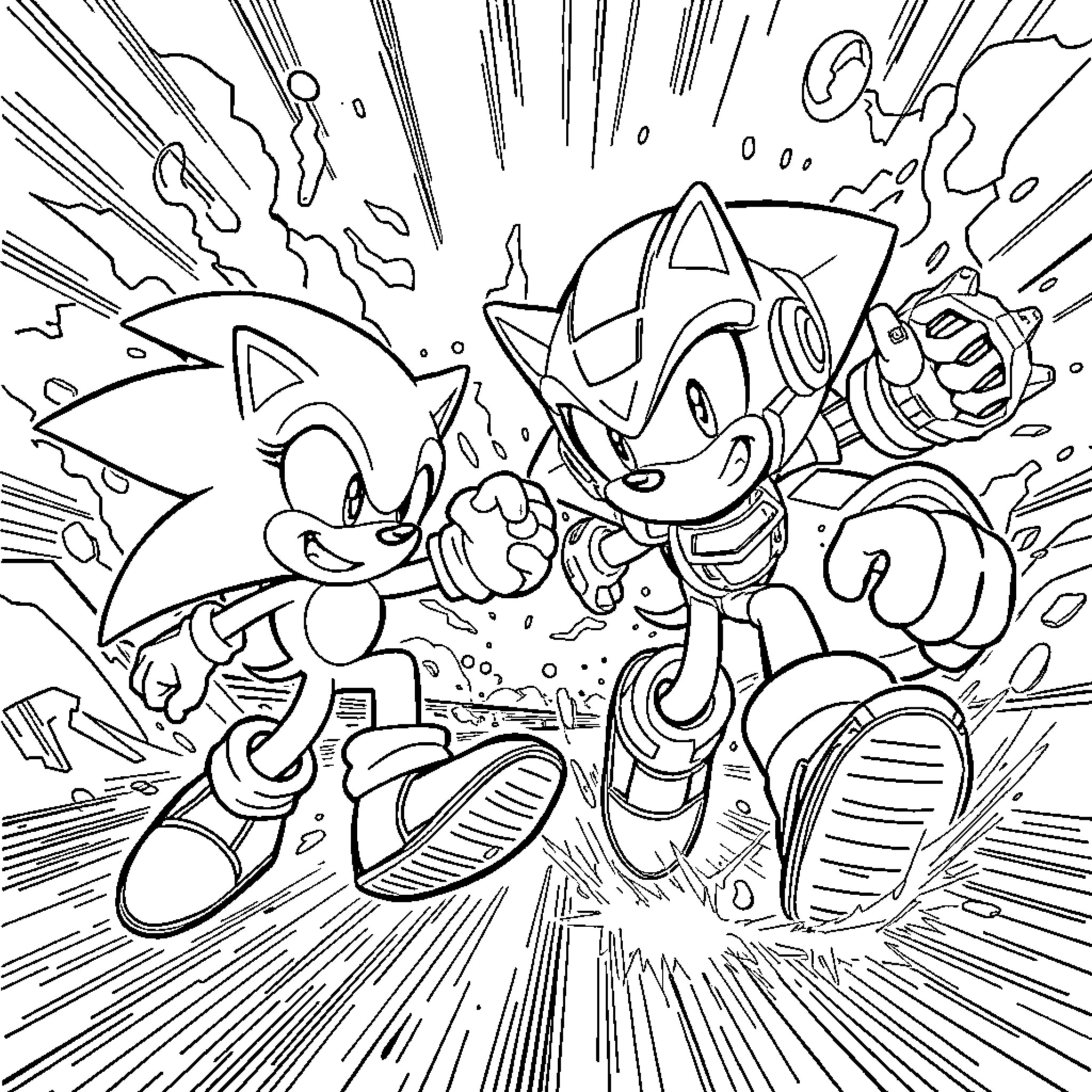 Sonic heroes in action-packed adventure Coloring Page (free black-and-white line drawing printable PDF for all, from beginners to advanced learners, including children, teens, adults, and seniors)