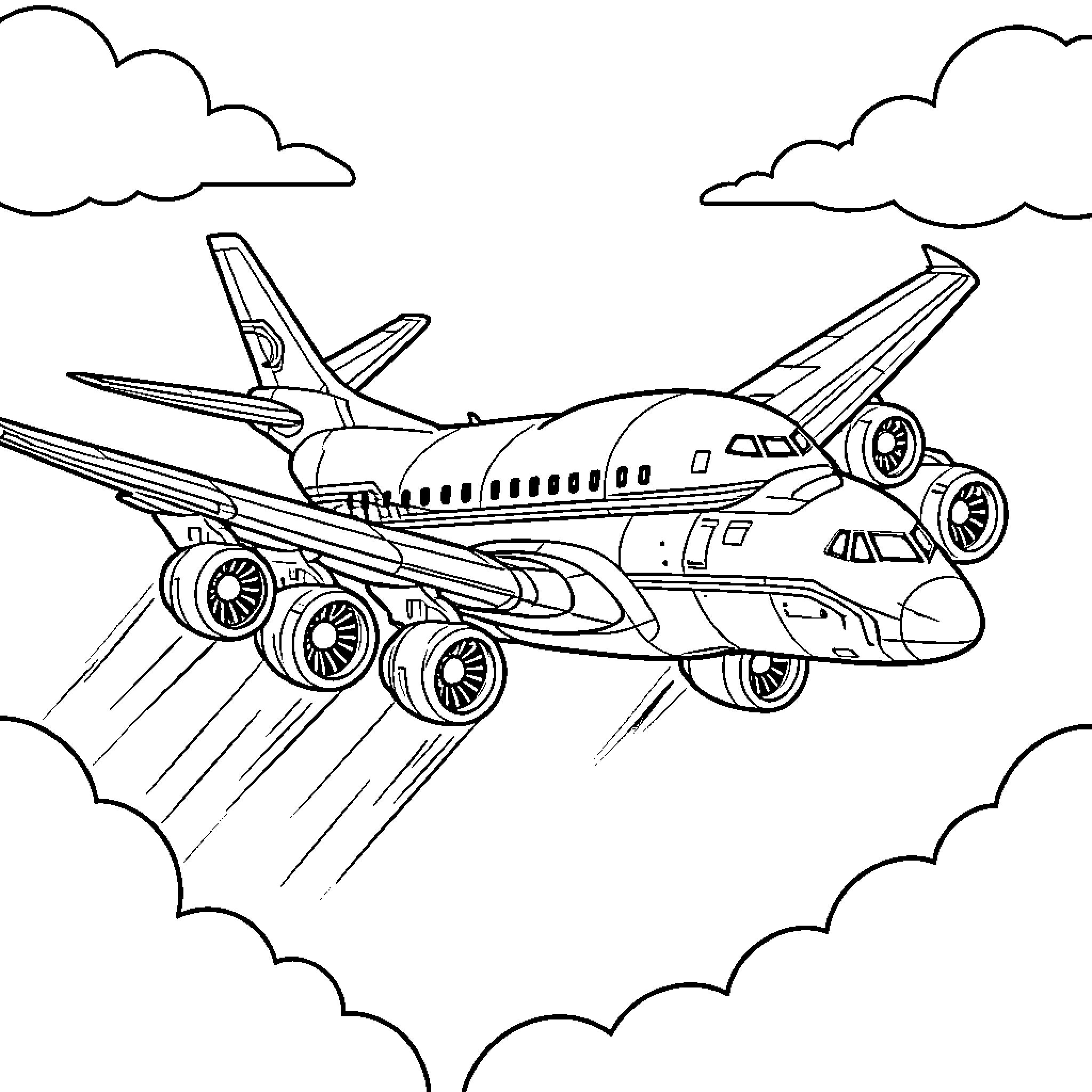 Airplane Carrying Cargo in the Sky Coloring Page (free black-and-white line drawing printable PDF for all, from beginners to advanced learners, including children, teens, adults, and seniors)