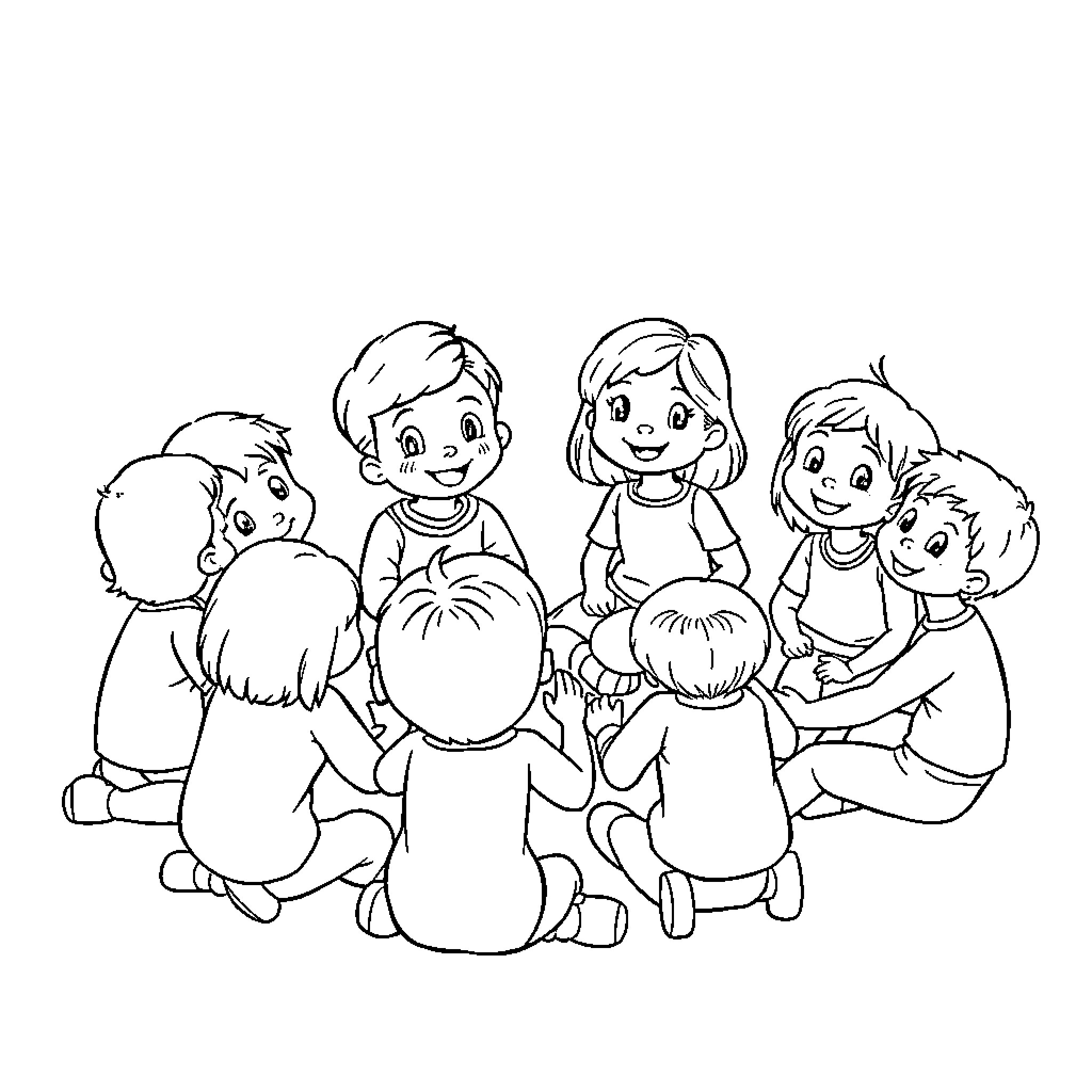 Kid friends playing together happily Coloring Page (free black-and-white line drawing printable PDF for all, from beginners to advanced learners, including children, teens, adults, and seniors)
