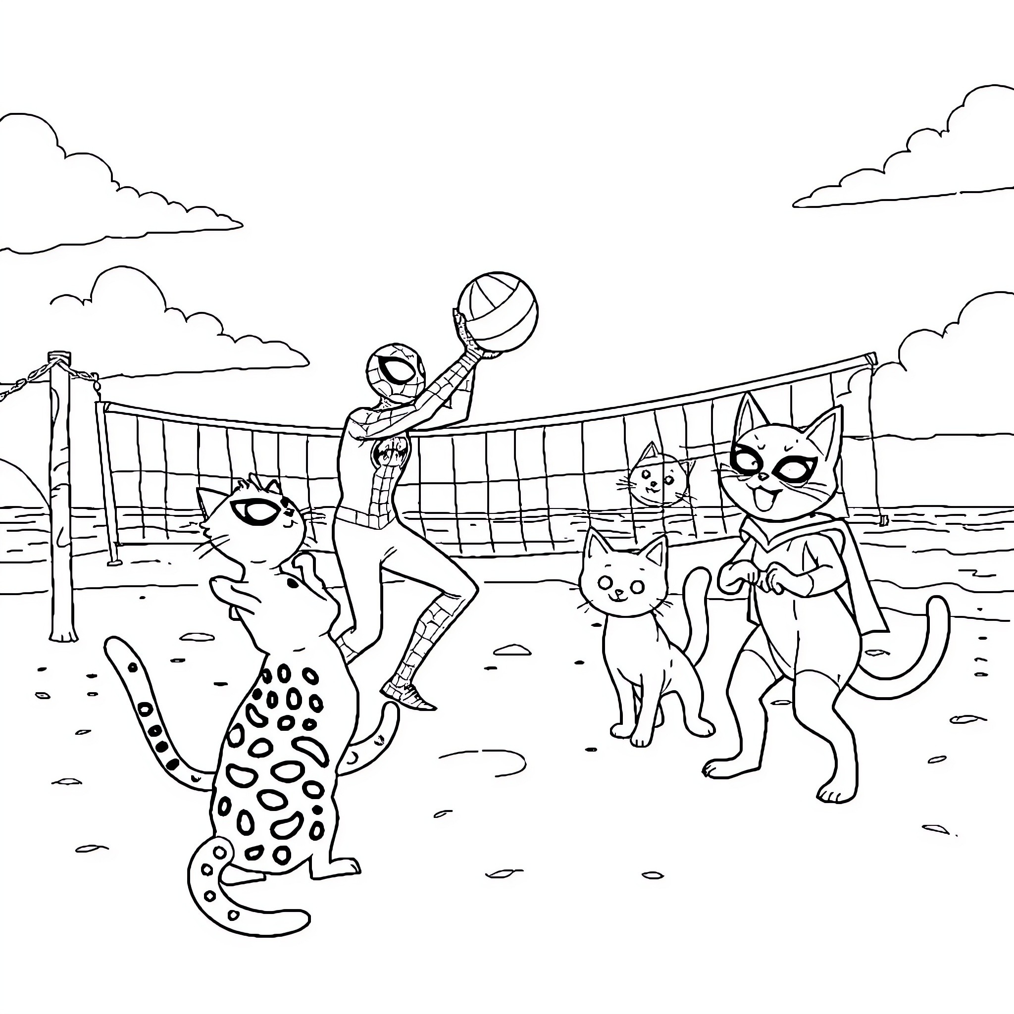 Spidey playing volleyball with animal friends on the beach Coloring Page (free black-and-white line drawing printable PDF for all, from beginners to advanced learners, including children, teens, adults, and seniors)