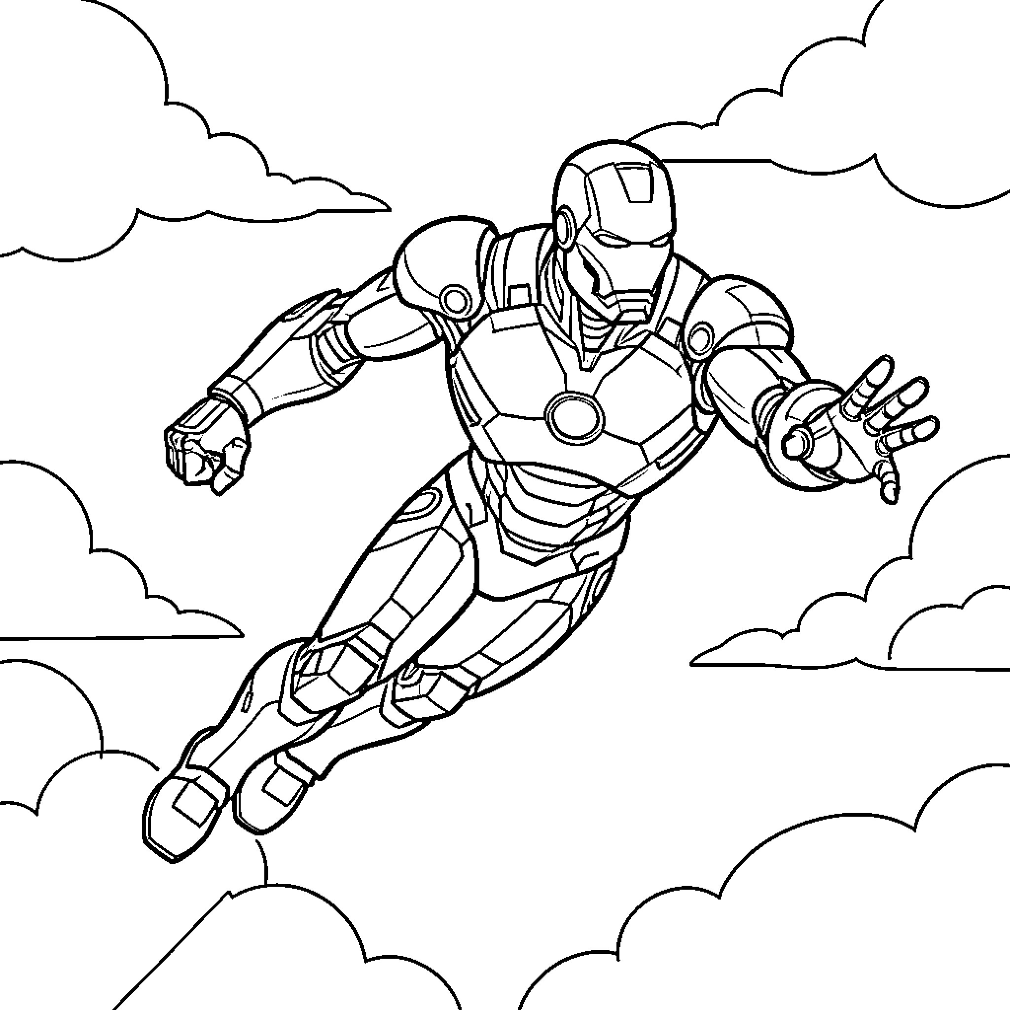 Iron Man flying through the clouds with outstretched hand Coloring Page (free black-and-white line drawing printable PDF for all, from beginners to advanced learners, including children, teens, adults, and seniors)