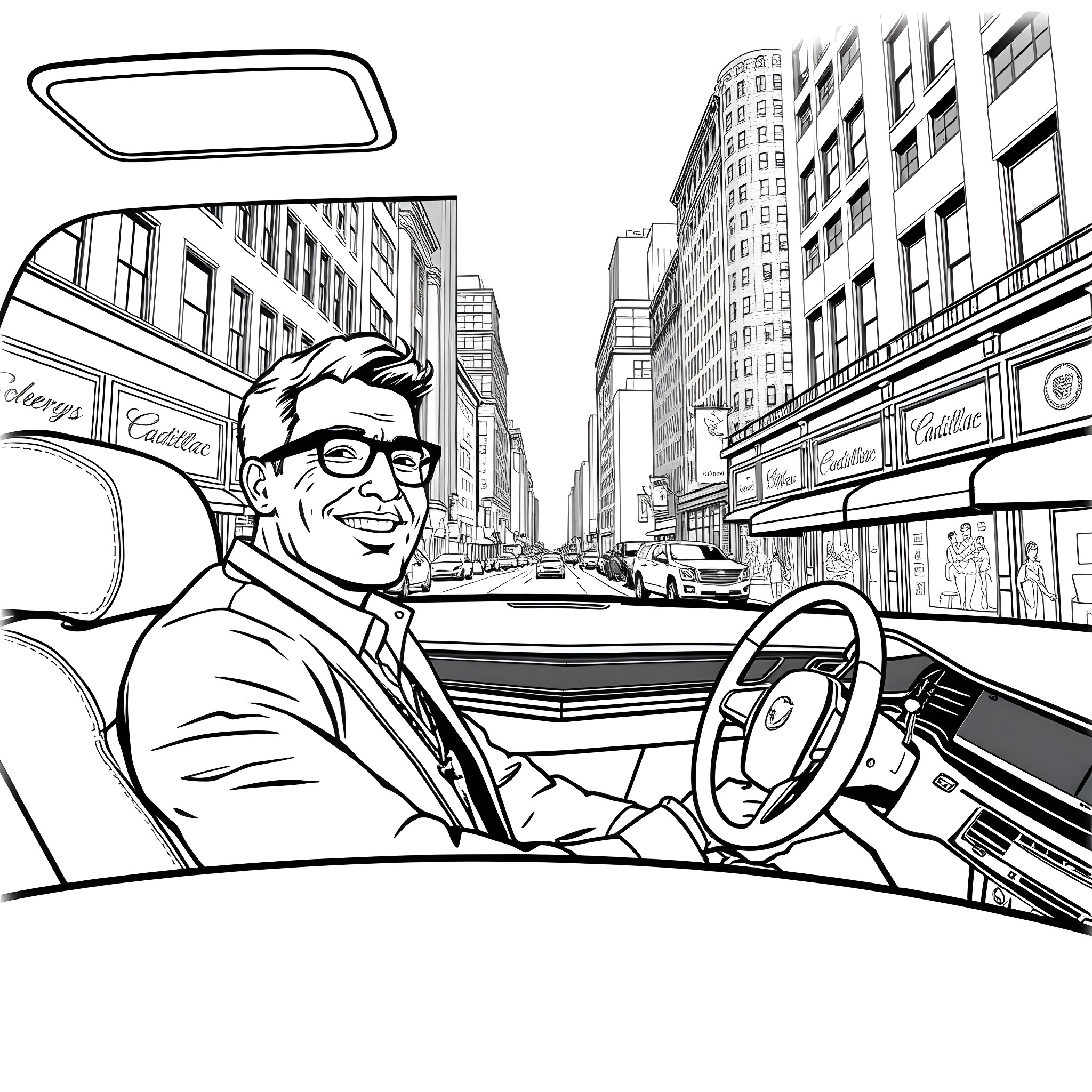 Man driving a car through busy city streets Coloring Page (free black-and-white line drawing printable PDF for all, from beginners to advanced learners, including children, teens, adults, and seniors)