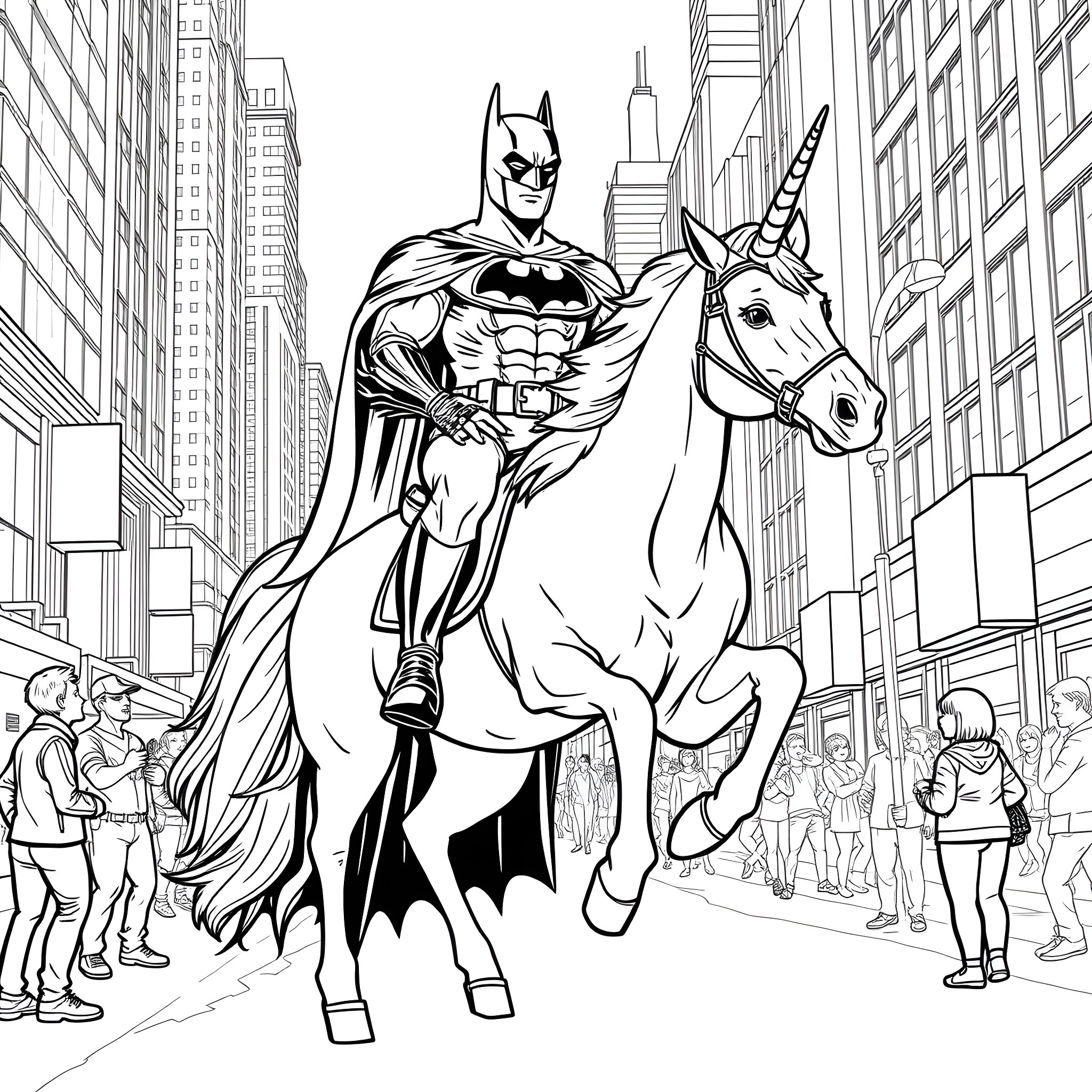 Batman riding a unicorn through the city streets Coloring Page (free black-and-white line drawing printable PDF for all, from beginners to advanced learners, including children, teens, adults, and seniors)