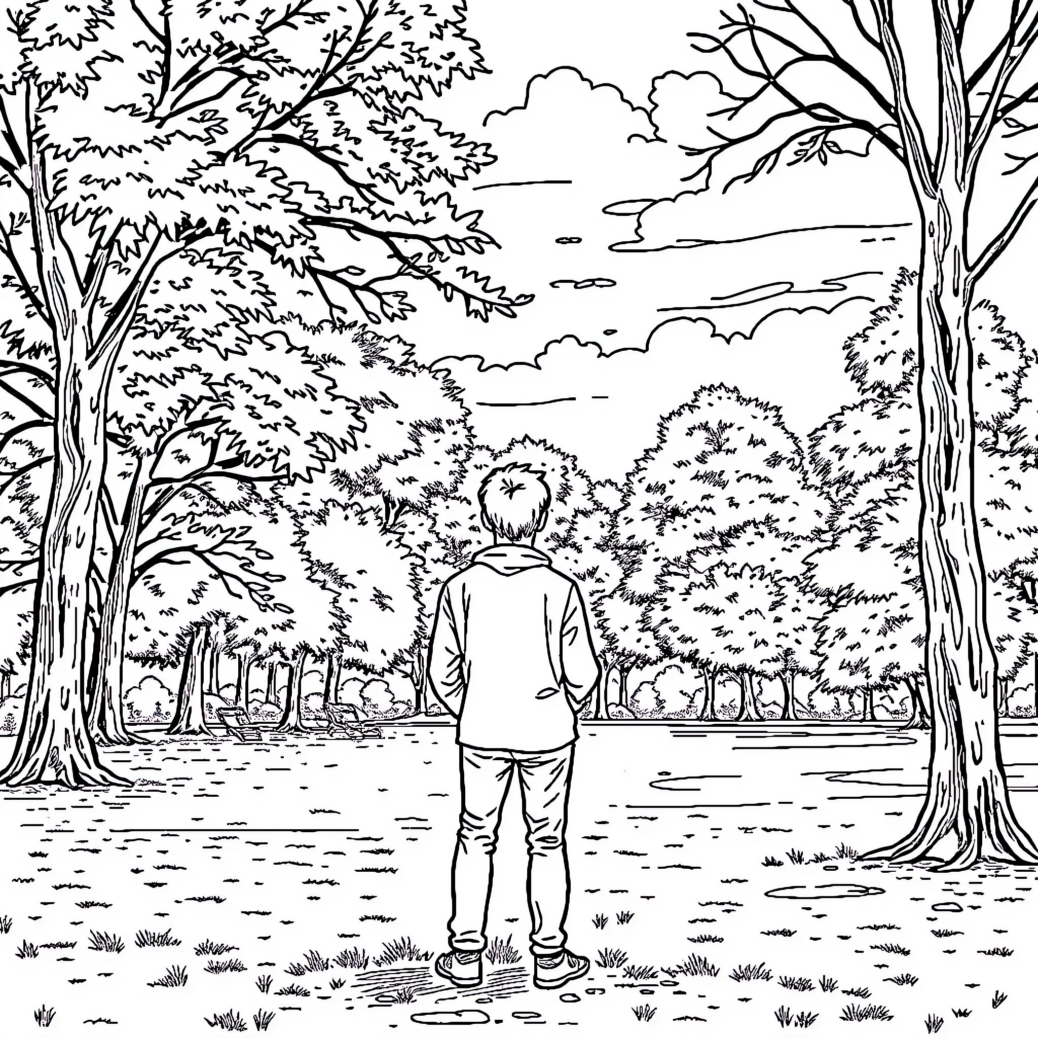 Person standing alone in a tranquil forest landscape Coloring Page (free black-and-white line drawing printable PDF for all, from beginners to advanced learners, including children, teens, adults, and seniors)