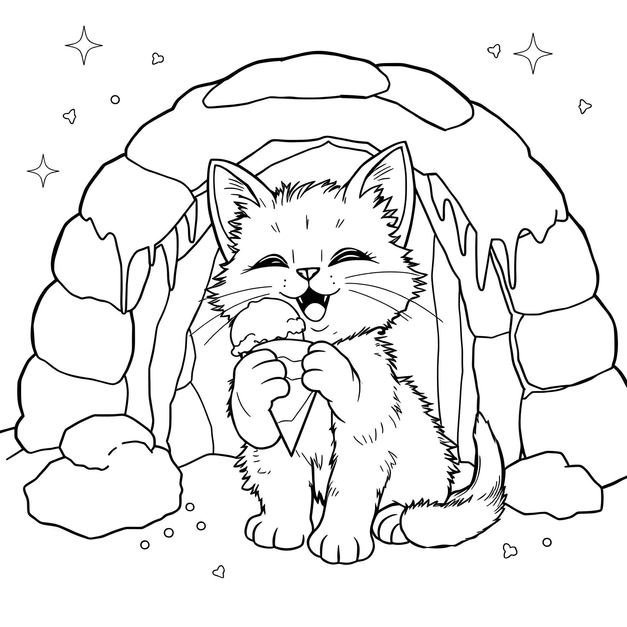 Kitty snuggling in cozy cave Coloring Page (free black-and-white line drawing printable PDF for all, from beginners to advanced learners, including children, teens, adults, and seniors)