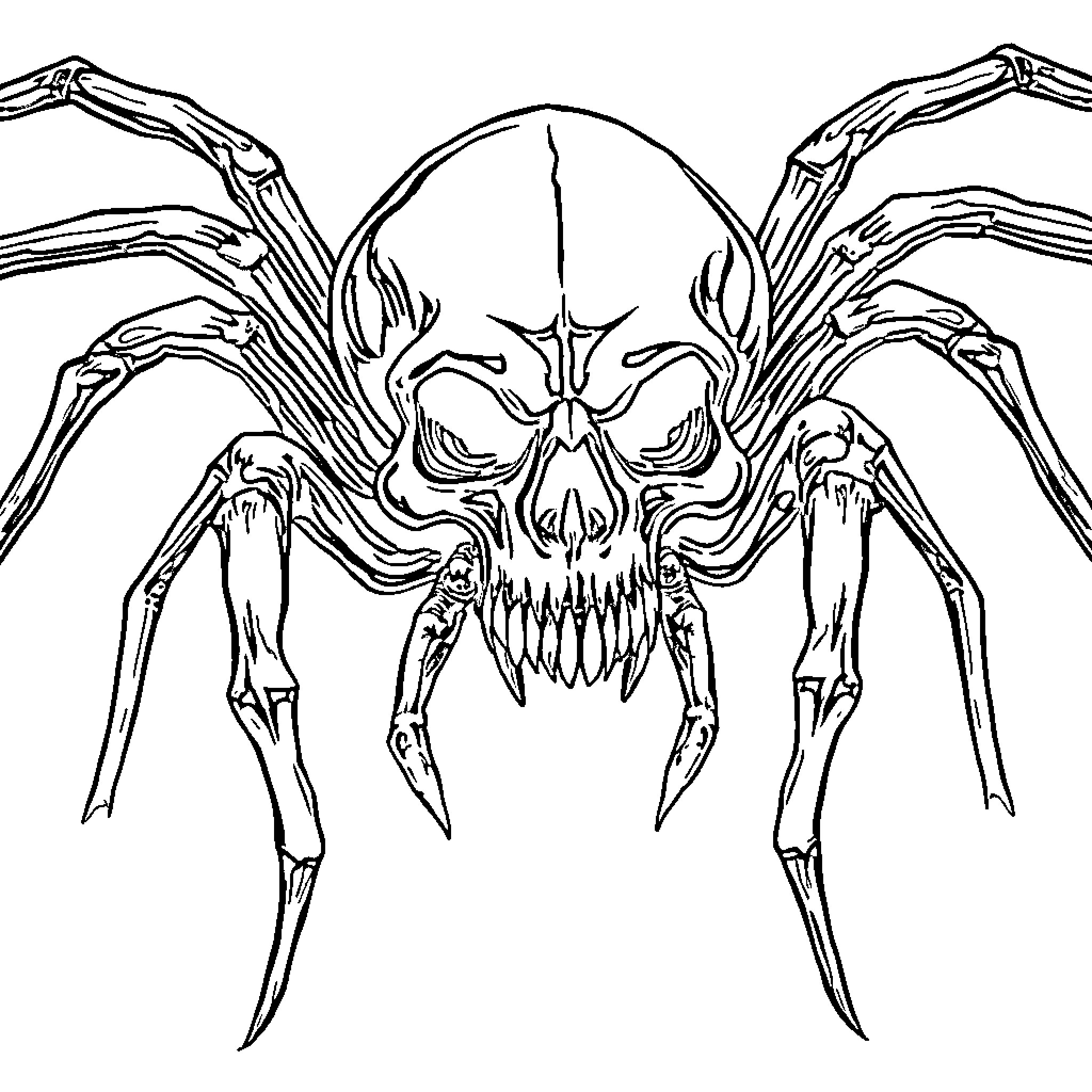 Skull Spider with Skeletal Legs and Menacing Expression Coloring Page (free black-and-white line drawing printable PDF for all, from beginners to advanced learners, including children, teens, adults, and seniors)