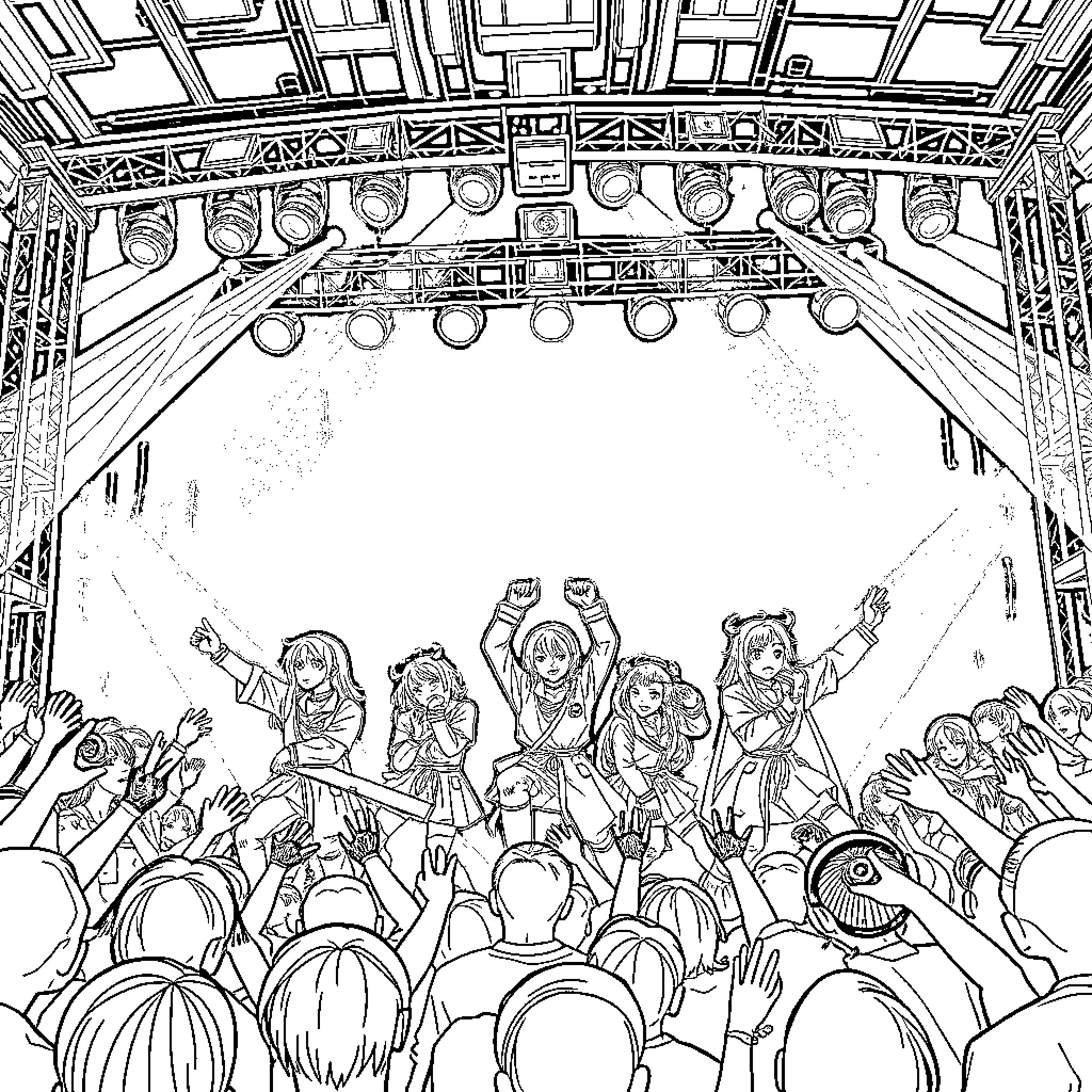 Huntrx: Energetic Music Performance on Stage Coloring Page (free black-and-white line drawing printable PDF for all, from beginners to advanced learners, including children, teens, adults, and seniors)