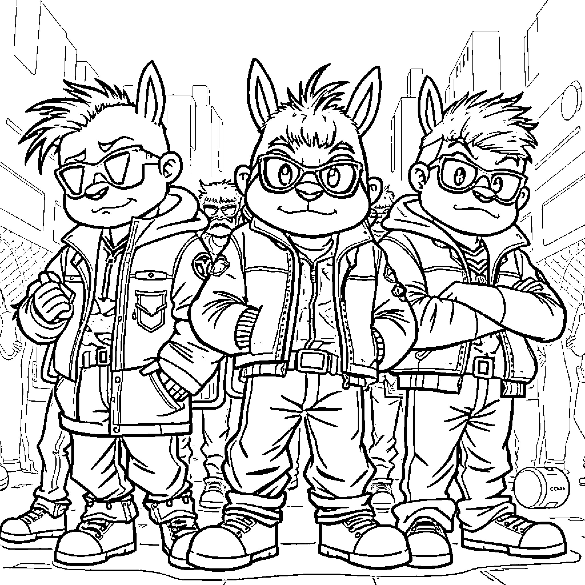 Labubu and friends embark on a city adventure Coloring Page (free black-and-white line drawing printable PDF for all, from beginners to advanced learners, including children, teens, adults, and seniors)