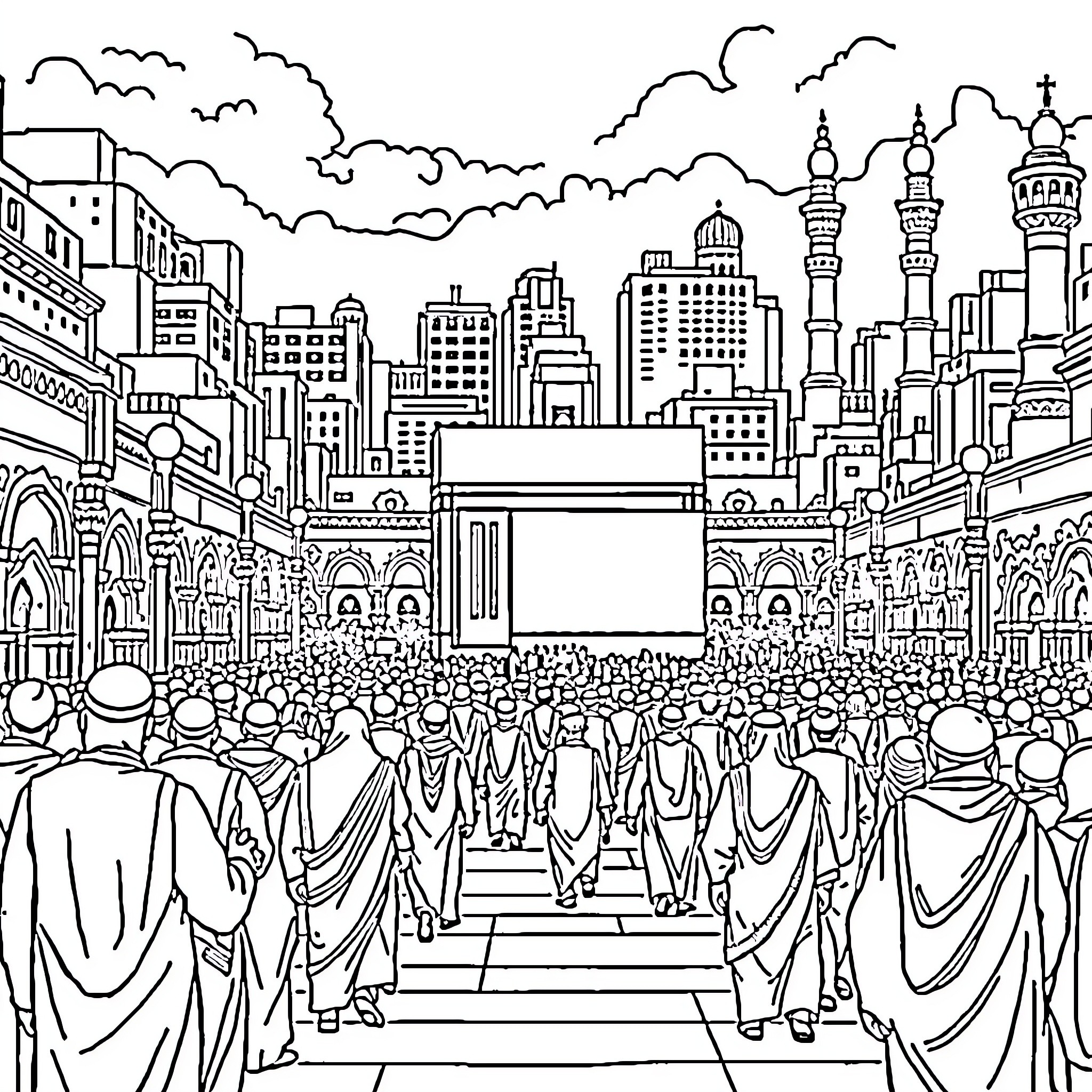 Makkah - Pilgrims performing Hajj rituals Coloring Page (free black-and-white line drawing printable PDF for all, from beginners to advanced learners, including children, teens, adults, and seniors)