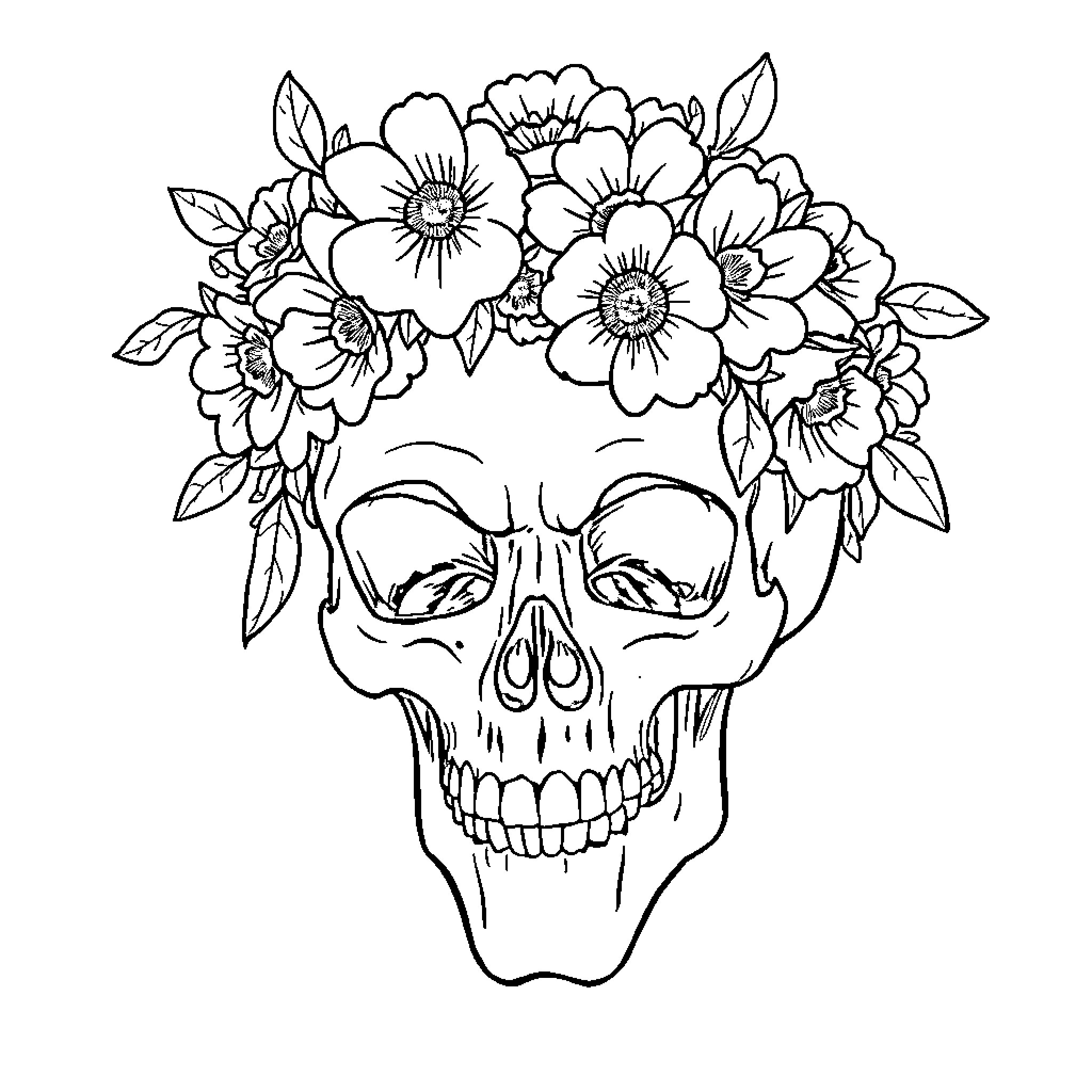Skull adorned with floral wreath Coloring Page (free black-and-white line drawing printable PDF for all, from beginners to advanced learners, including children, teens, adults, and seniors)