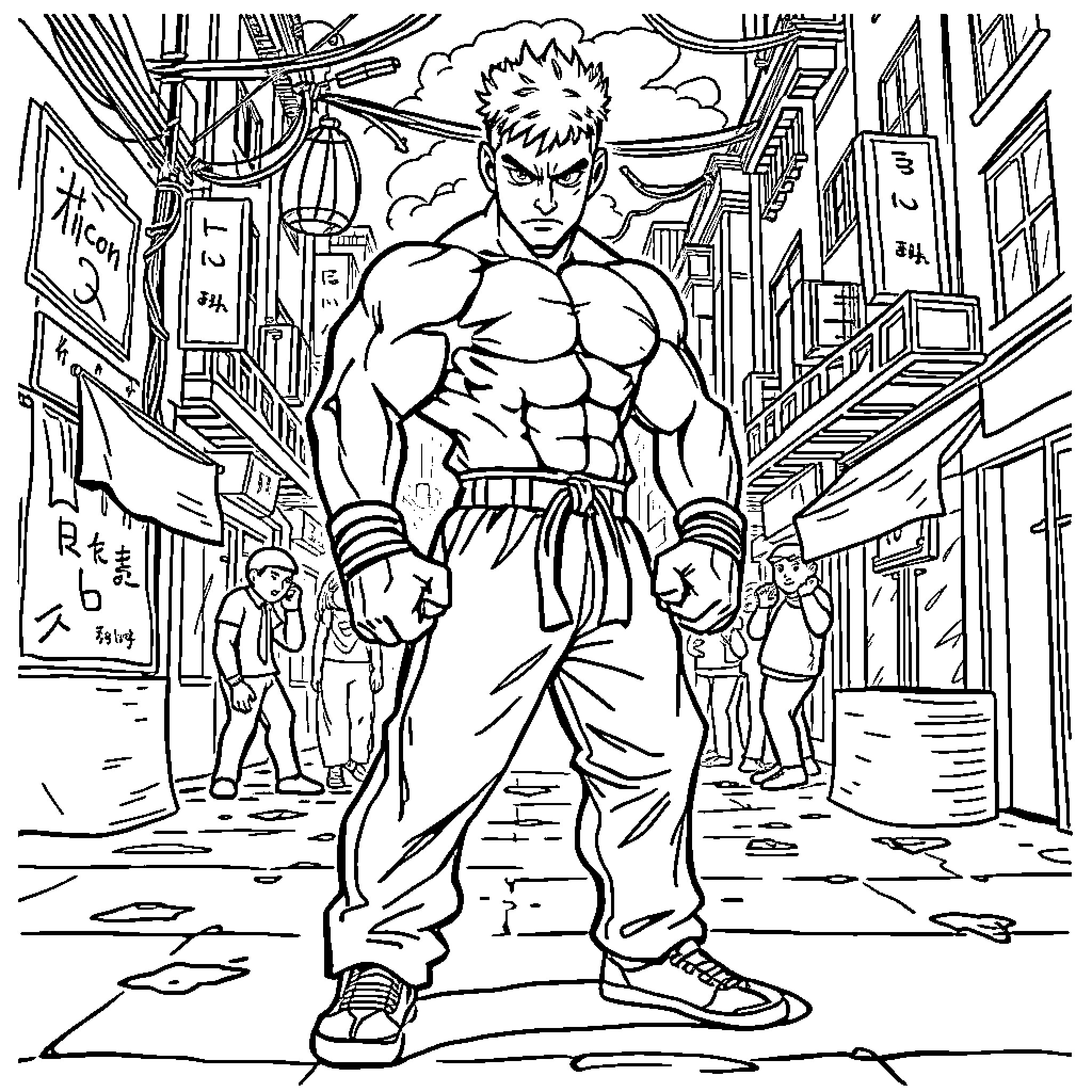 Street Fighter in Action-Packed City Scene Coloring Page (free black-and-white line drawing printable PDF for all, from beginners to advanced learners, including children, teens, adults, and seniors)