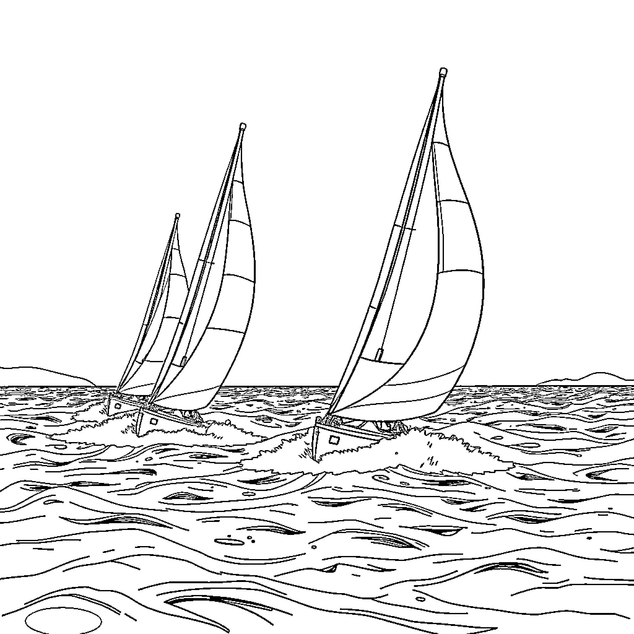 Sailboat racing across the open waters Coloring Page (free black-and-white line drawing printable PDF for all, from beginners to advanced learners, including children, teens, adults, and seniors)
