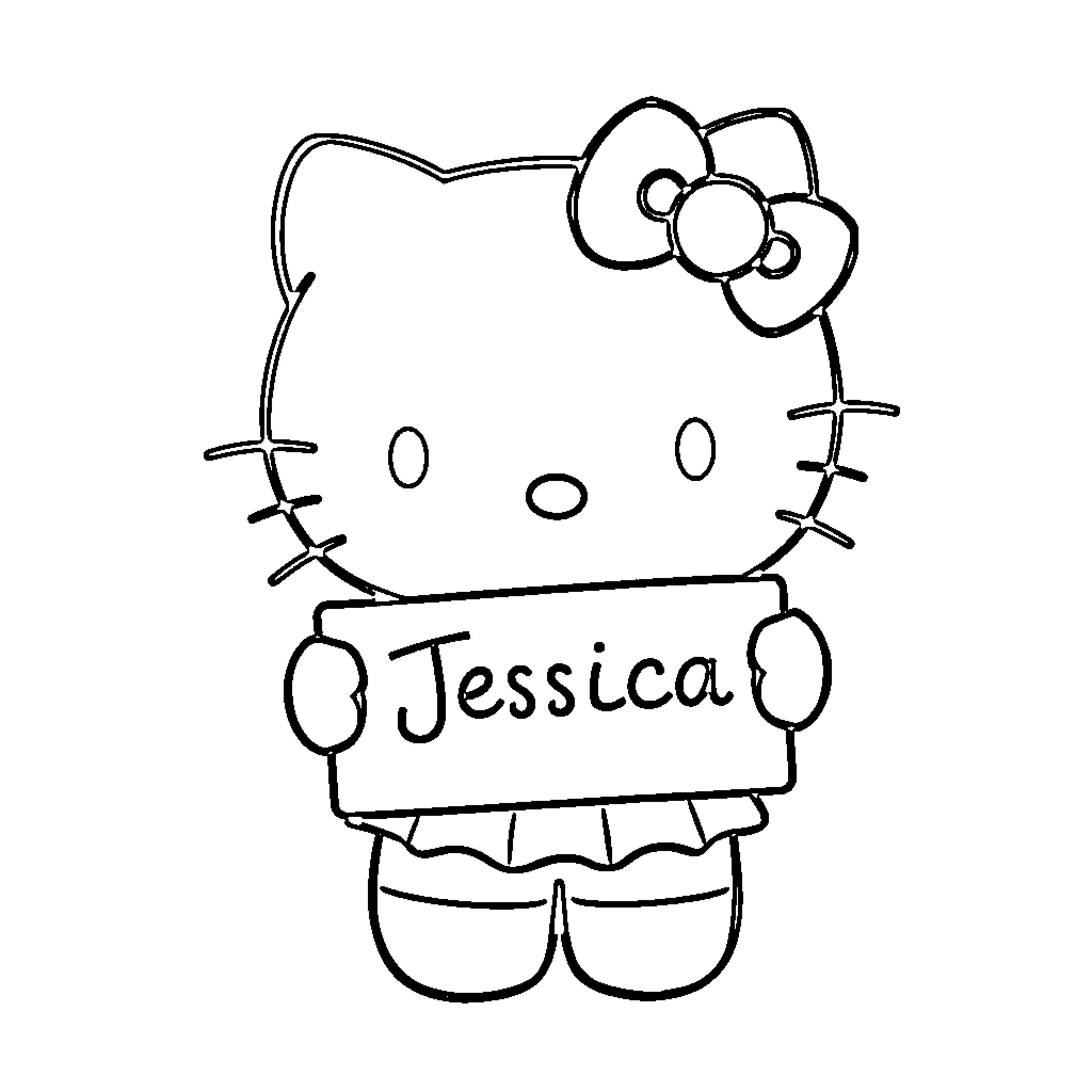 Hello Kitty holding a name tag Coloring Page (free black-and-white line drawing printable PDF for all, from beginners to advanced learners, including children, teens, adults, and seniors)
