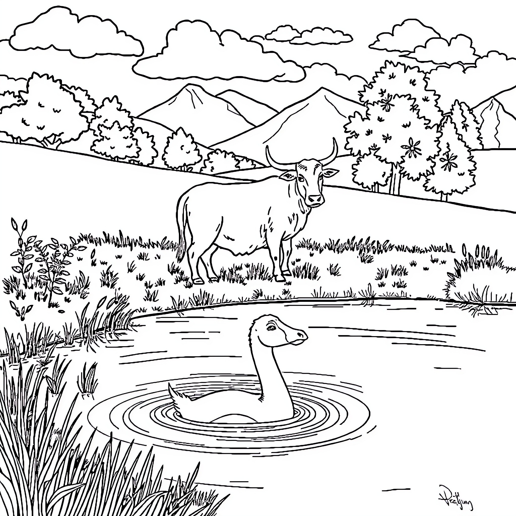 Vaca in pastoral landscape with wildlife Coloring Page (free black-and-white line drawing printable PDF for all, from beginners to advanced learners, including children, teens, adults, and seniors)