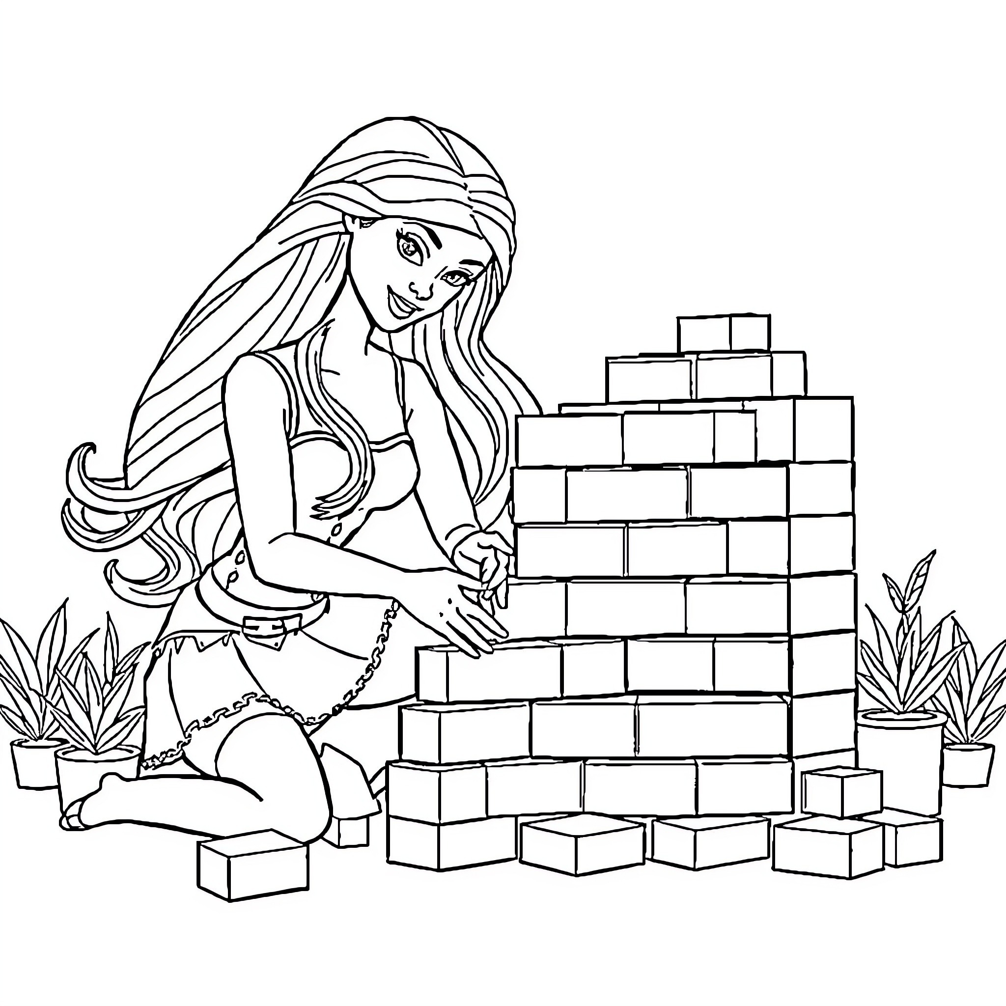 Barbie building a brick wall outdoors Coloring Page (free black-and-white line drawing printable PDF for all, from beginners to advanced learners, including children, teens, adults, and seniors)