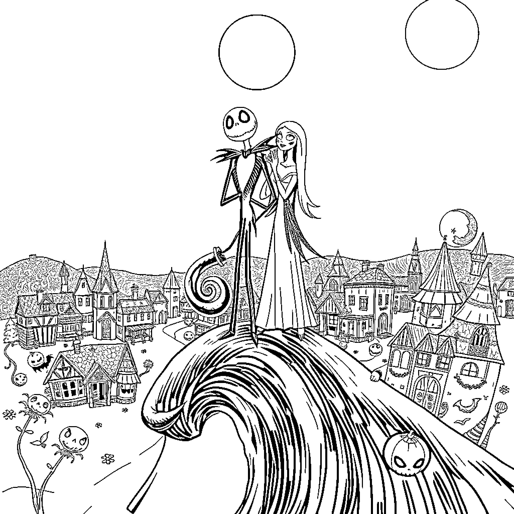 Jack Skellington and Sally in the Nightmare Before Christmas town Coloring Page (free black-and-white line drawing printable PDF for all, from beginners to advanced learners, including children, teens, adults, and seniors)