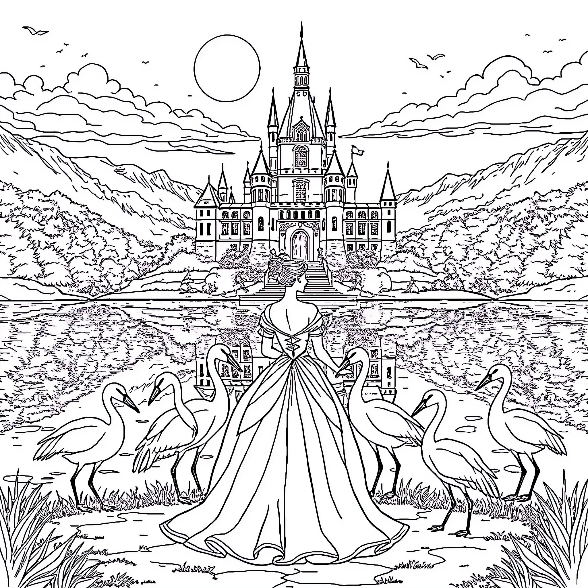 Princess in a Majestic Castle Landscape Coloring Page (free black-and-white line drawing printable PDF for all, from beginners to advanced learners, including children, teens, adults, and seniors)