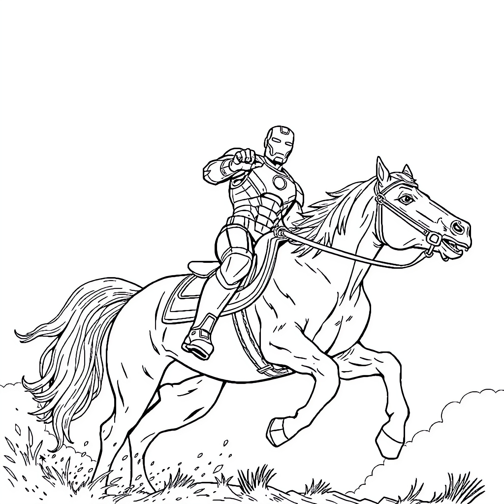 Ironman riding a horse in the wilderness Coloring Page (free black-and-white line drawing printable PDF for all, from beginners to advanced learners, including children, teens, adults, and seniors)