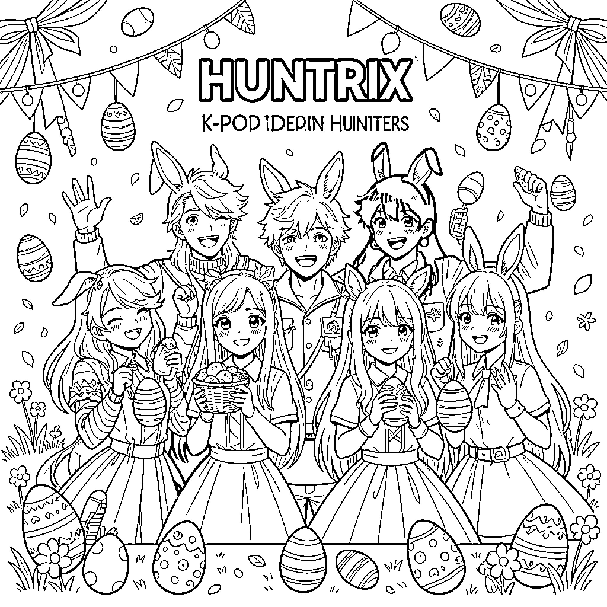 Huntrix: K-Pop Idols' Huntiers Celebrate Easter Coloring Page (free black-and-white line drawing printable PDF for all, from beginners to advanced learners, including children, teens, adults, and seniors)