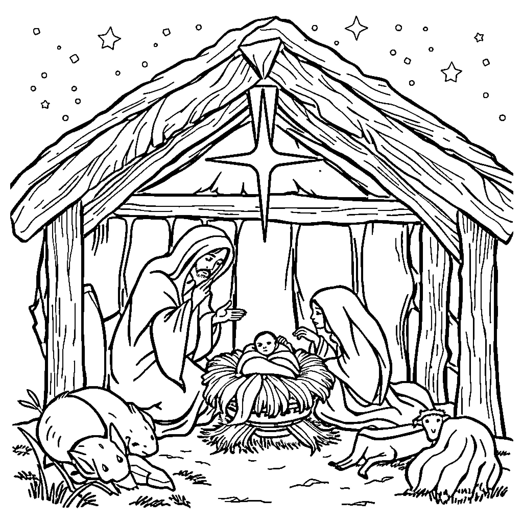 Jesus' nativity scene with angels, animals, and a star-filled sky Coloring Page (free black-and-white line drawing printable PDF for all, from beginners to advanced learners, including children, teens, adults, and seniors)