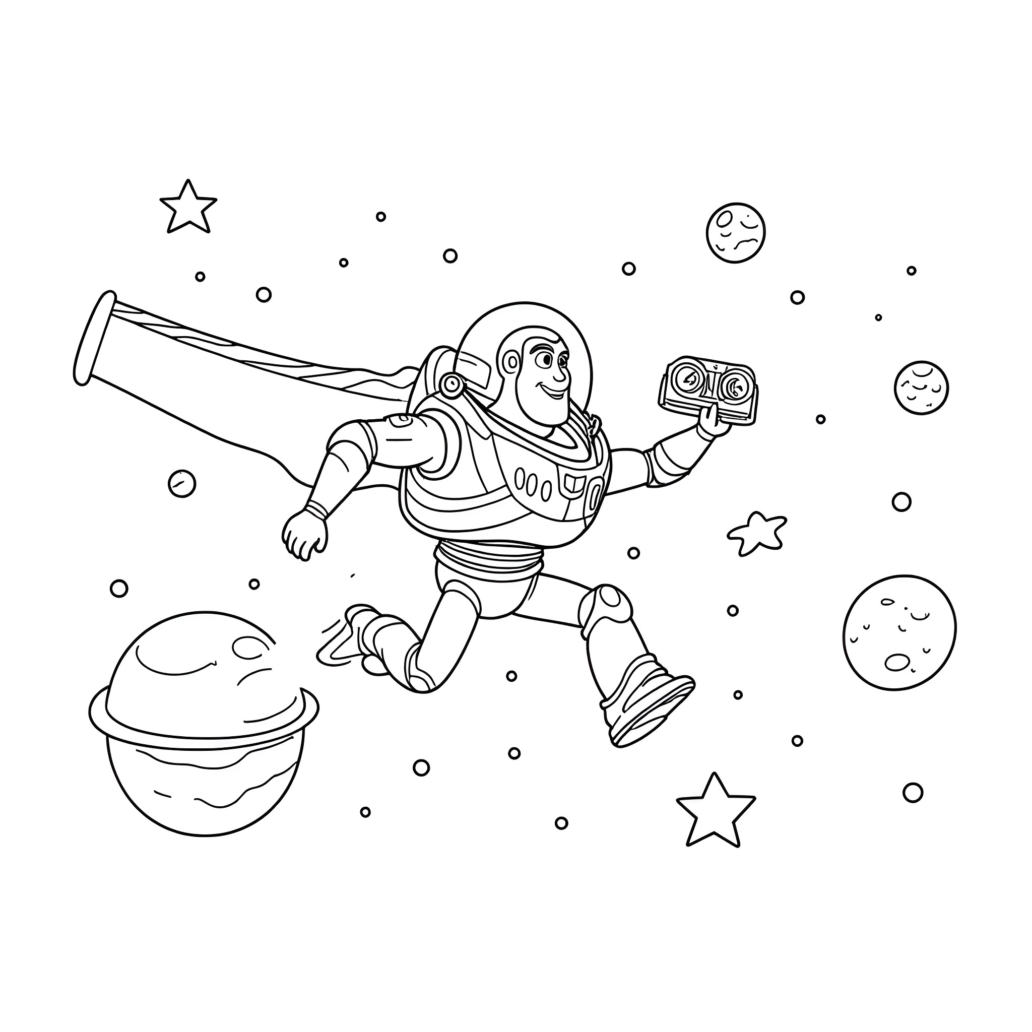 Buzz Lightyear soaring through the cosmos Coloring Page (free black-and-white line drawing printable PDF for all, from beginners to advanced learners, including children, teens, adults, and seniors)