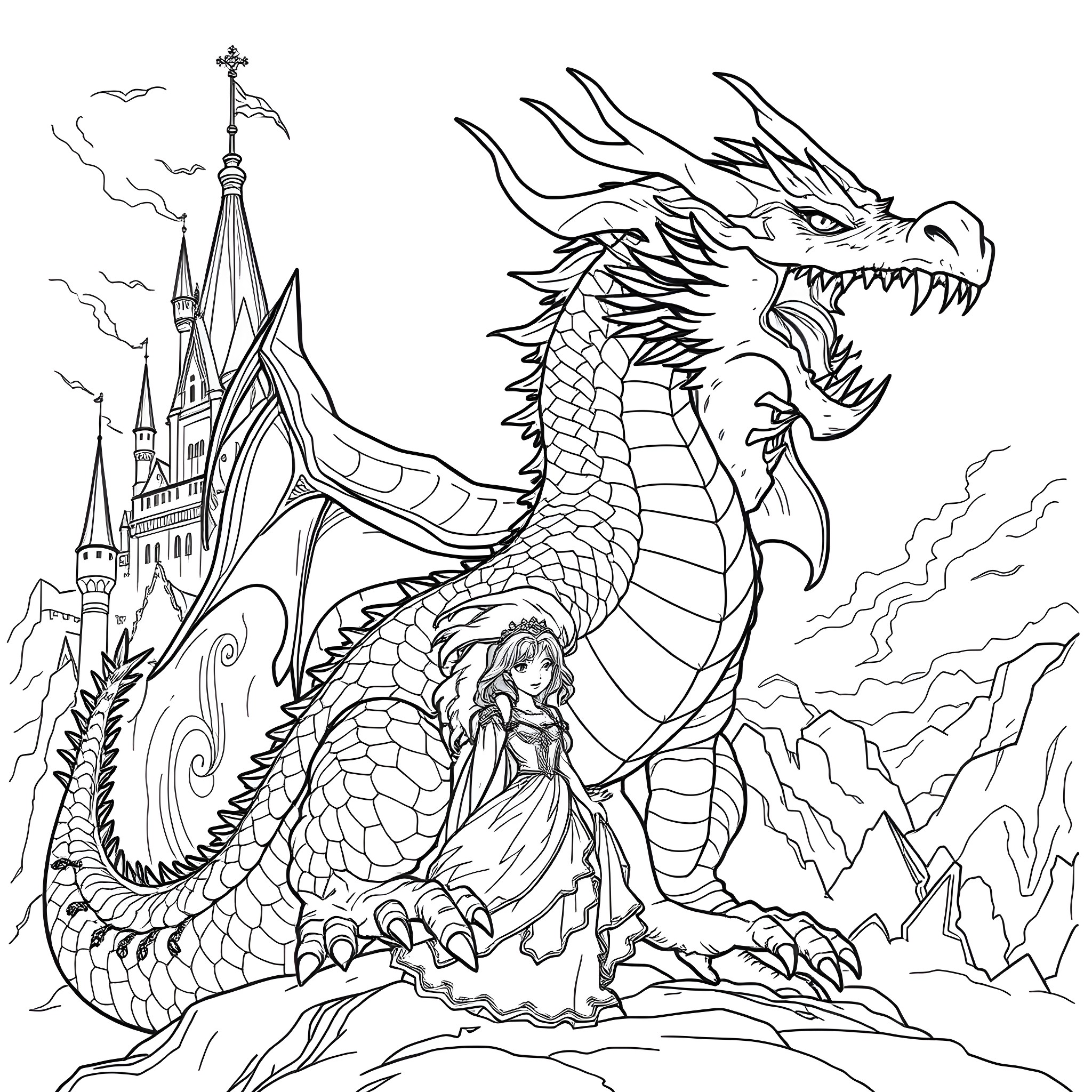 Dragon warrior woman facing a fierce dragon Coloring Page (free black-and-white line drawing printable PDF for all, from beginners to advanced learners, including children, teens, adults, and seniors)