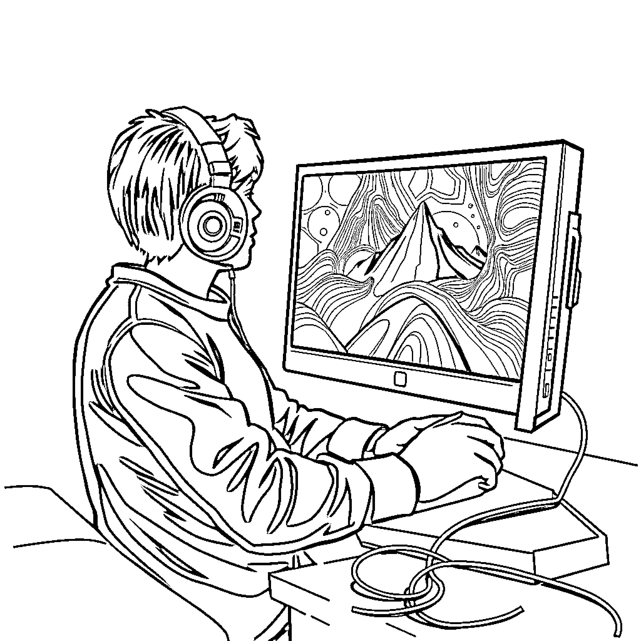 Gamer immersed in video game on computer screen Coloring Page (free black-and-white line drawing printable PDF for all, from beginners to advanced learners, including children, teens, adults, and seniors)