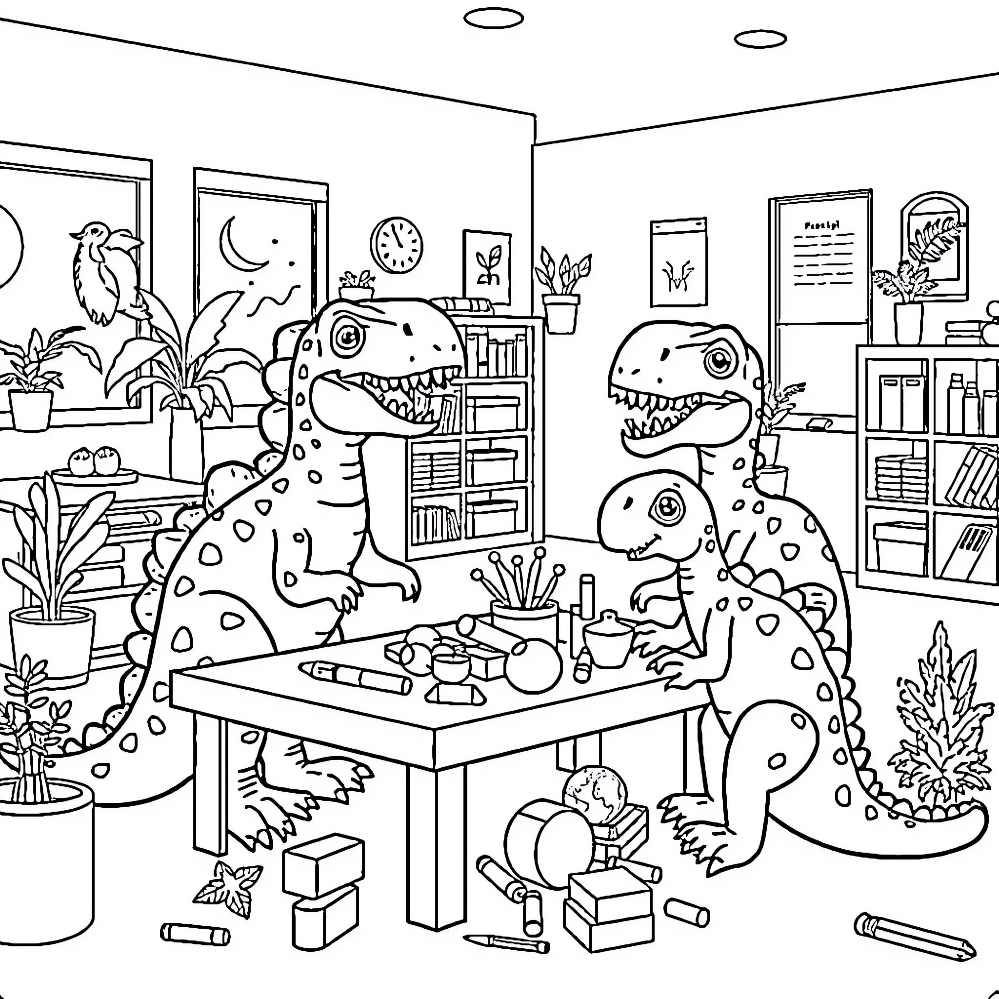 Dinosaurs Playing in Cozy Bedroom Coloring Page (free black-and-white line drawing printable PDF for all, from beginners to advanced learners, including children, teens, adults, and seniors)