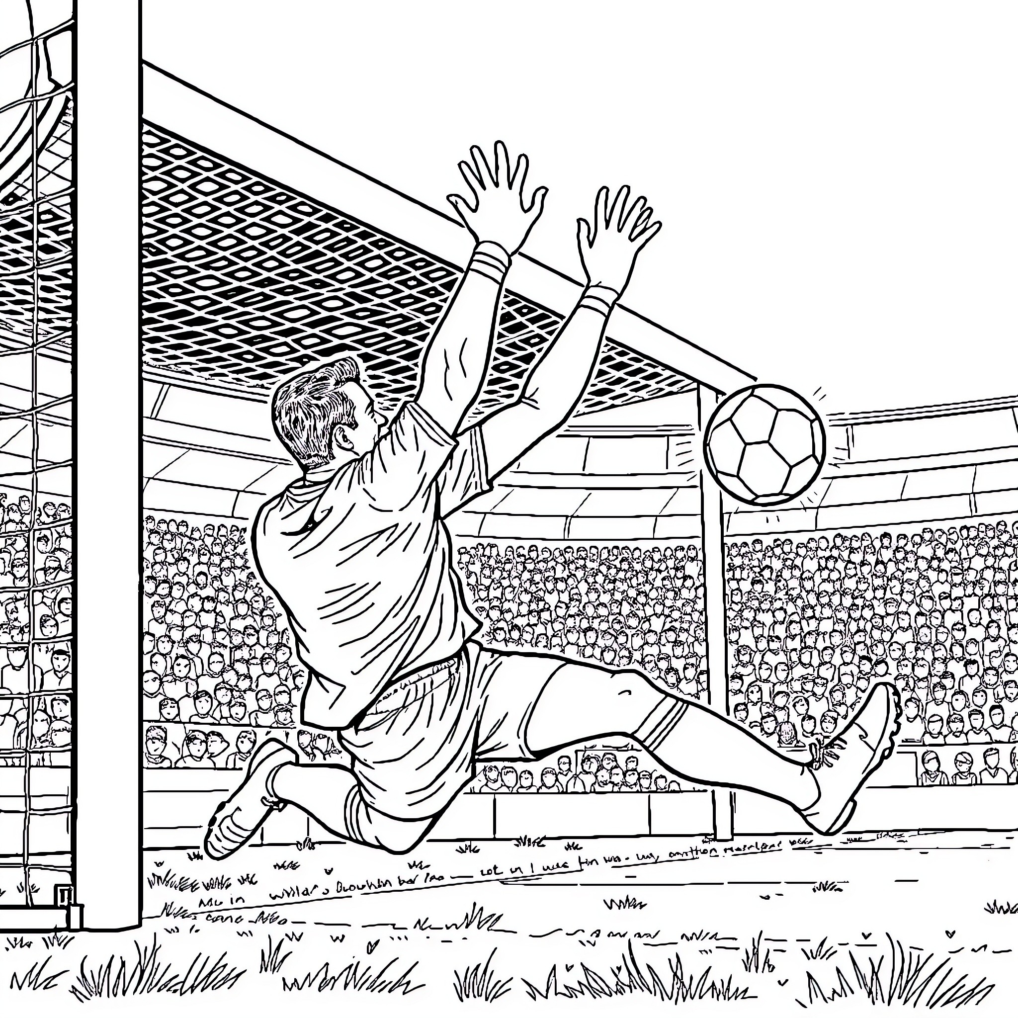 Caoimhin Kelleher diving to make a save on the soccer field Coloring Page (free black-and-white line drawing printable PDF for all, from beginners to advanced learners, including children, teens, adults, and seniors)