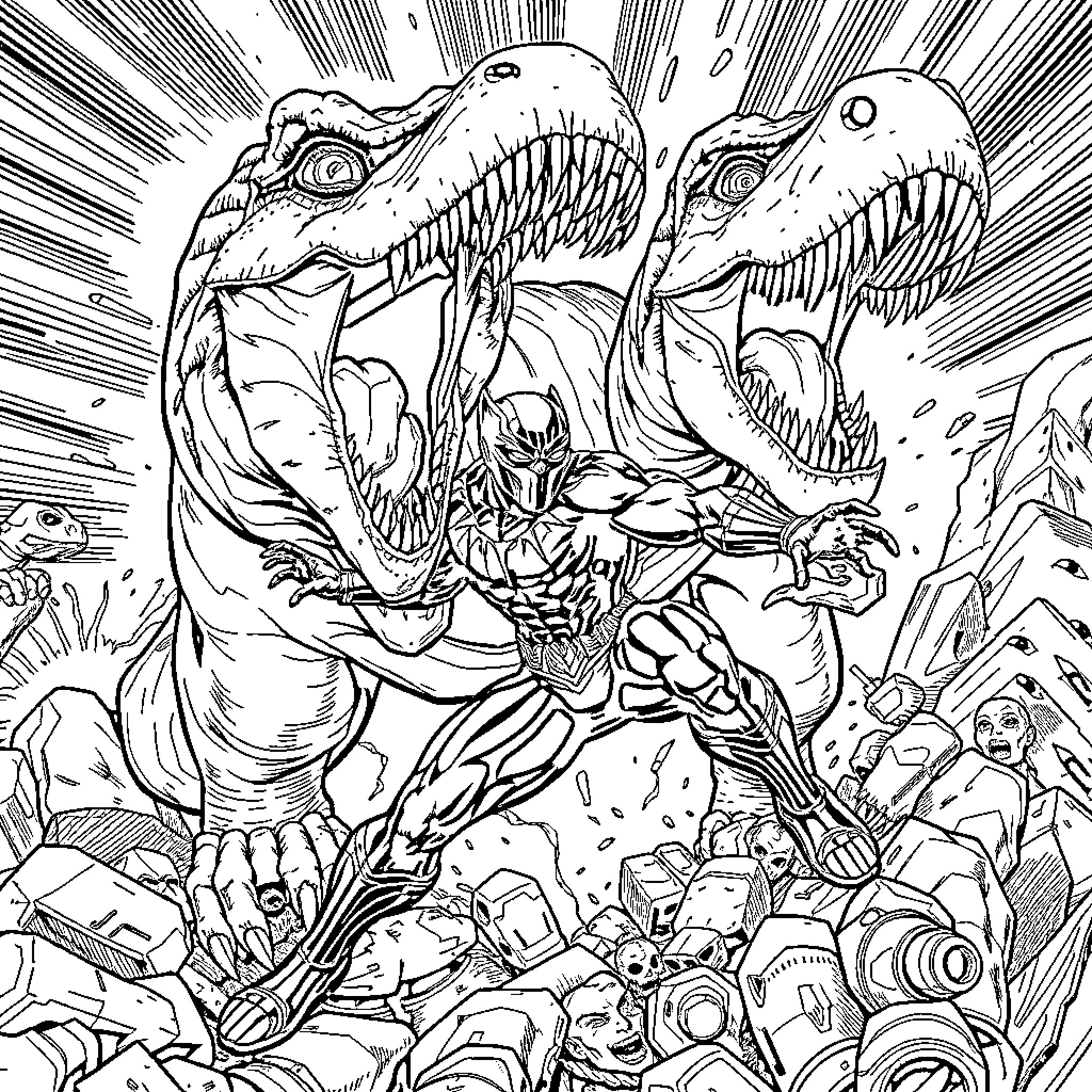 Black Panther battling fierce dinosaurs in a chaotic scene Coloring Page (free black-and-white line drawing printable PDF for all, from beginners to advanced learners, including children, teens, adults, and seniors)