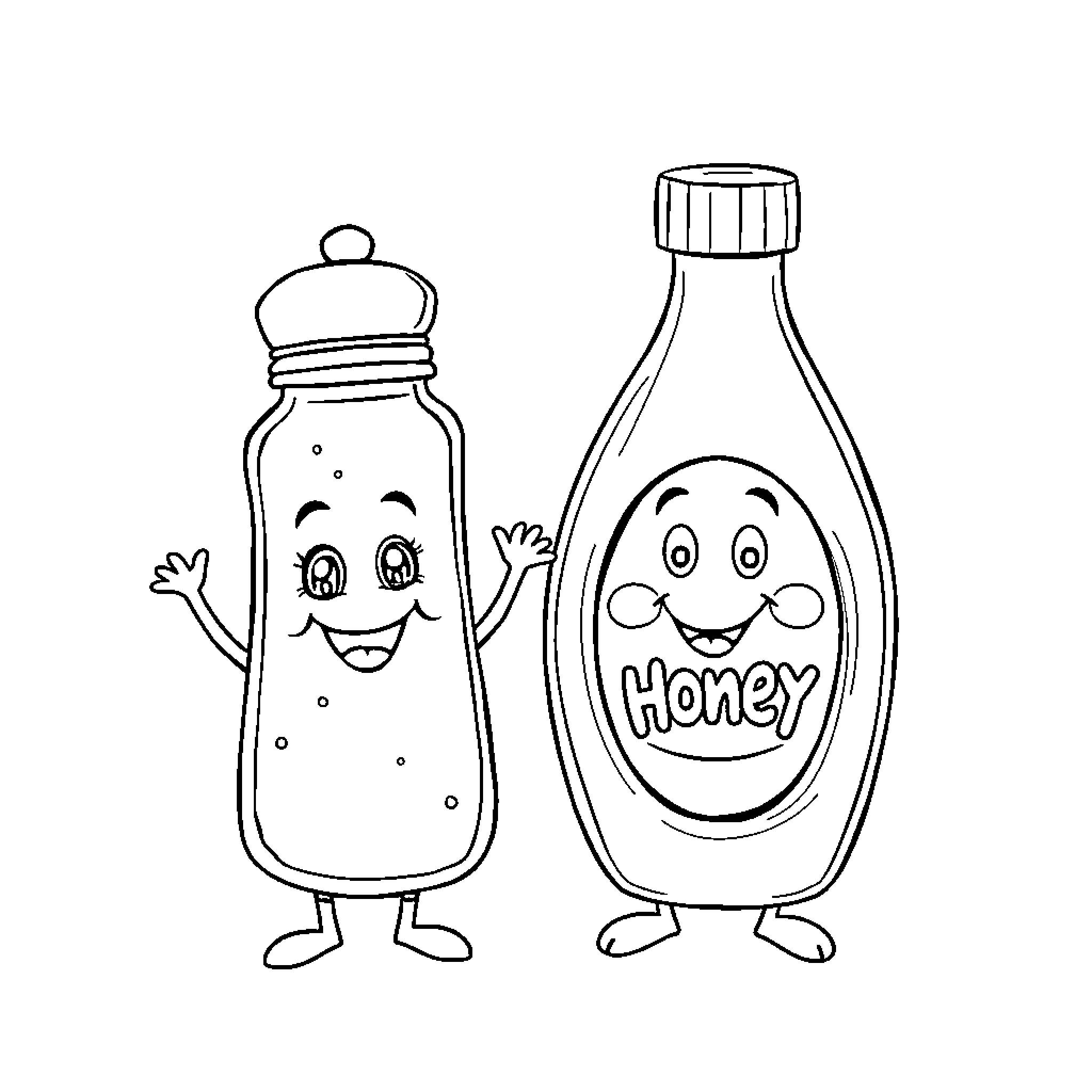 Salt Shaker and Honey Bottle Happily Interacting Coloring Page (free black-and-white line drawing printable PDF for all, from beginners to advanced learners, including children, teens, adults, and seniors)