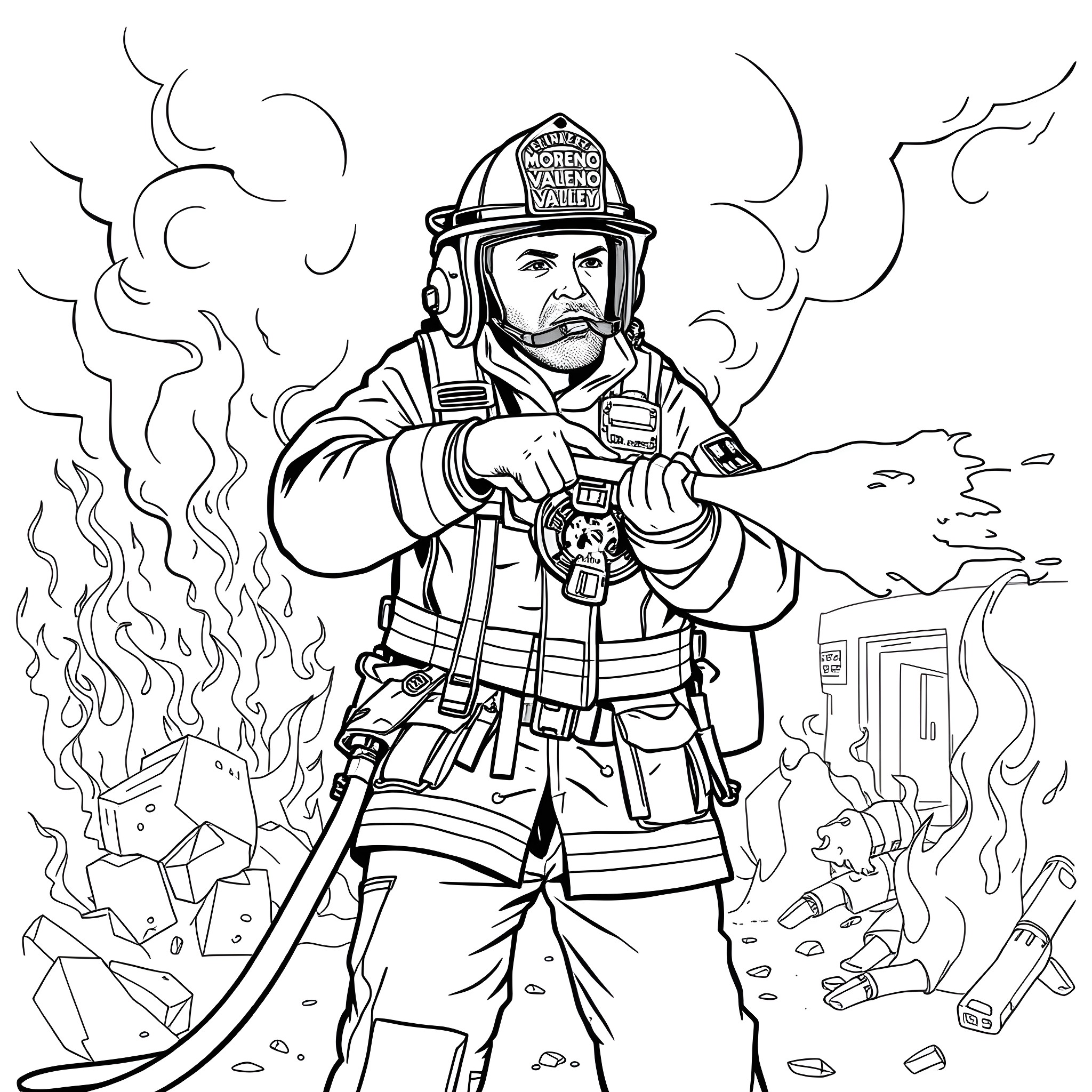 Firefighter battling a raging fire in the city Coloring Page (free black-and-white line drawing printable PDF for all, from beginners to advanced learners, including children, teens, adults, and seniors)