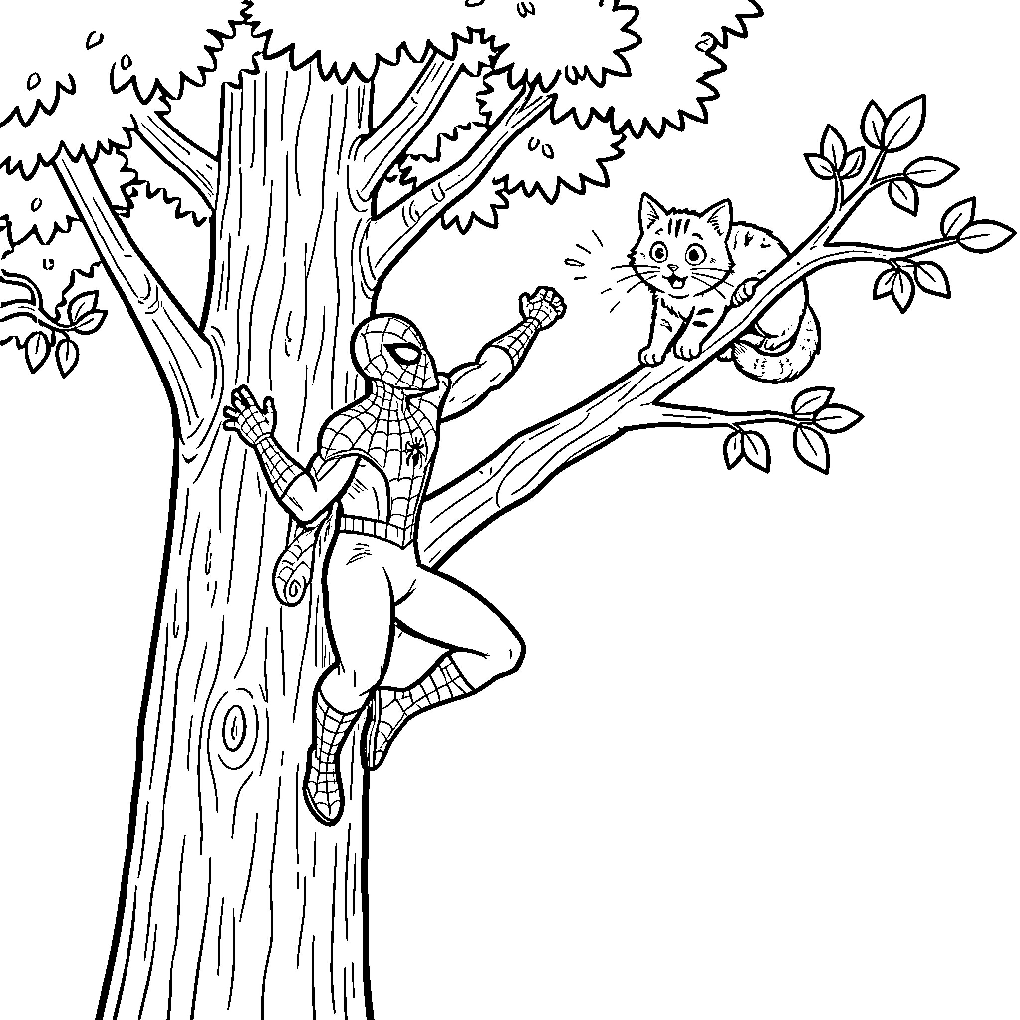 Spiderman reaching out to a cat in a tree Coloring Page (free black-and-white line drawing printable PDF for all, from beginners to advanced learners, including children, teens, adults, and seniors)