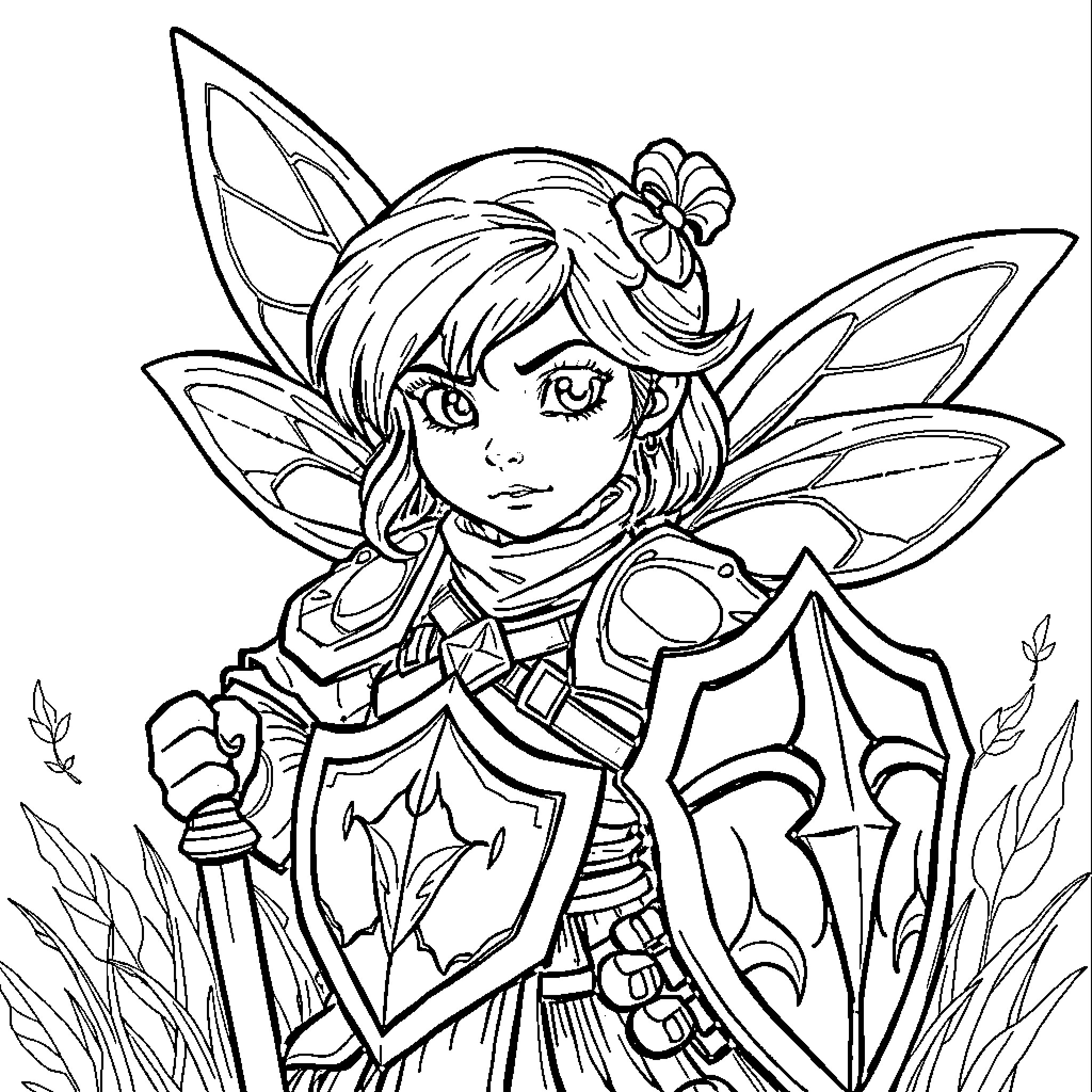 Fairy warrior's heroic stance in nature Coloring Page (free black-and-white line drawing printable PDF for all, from beginners to advanced learners, including children, teens, adults, and seniors)