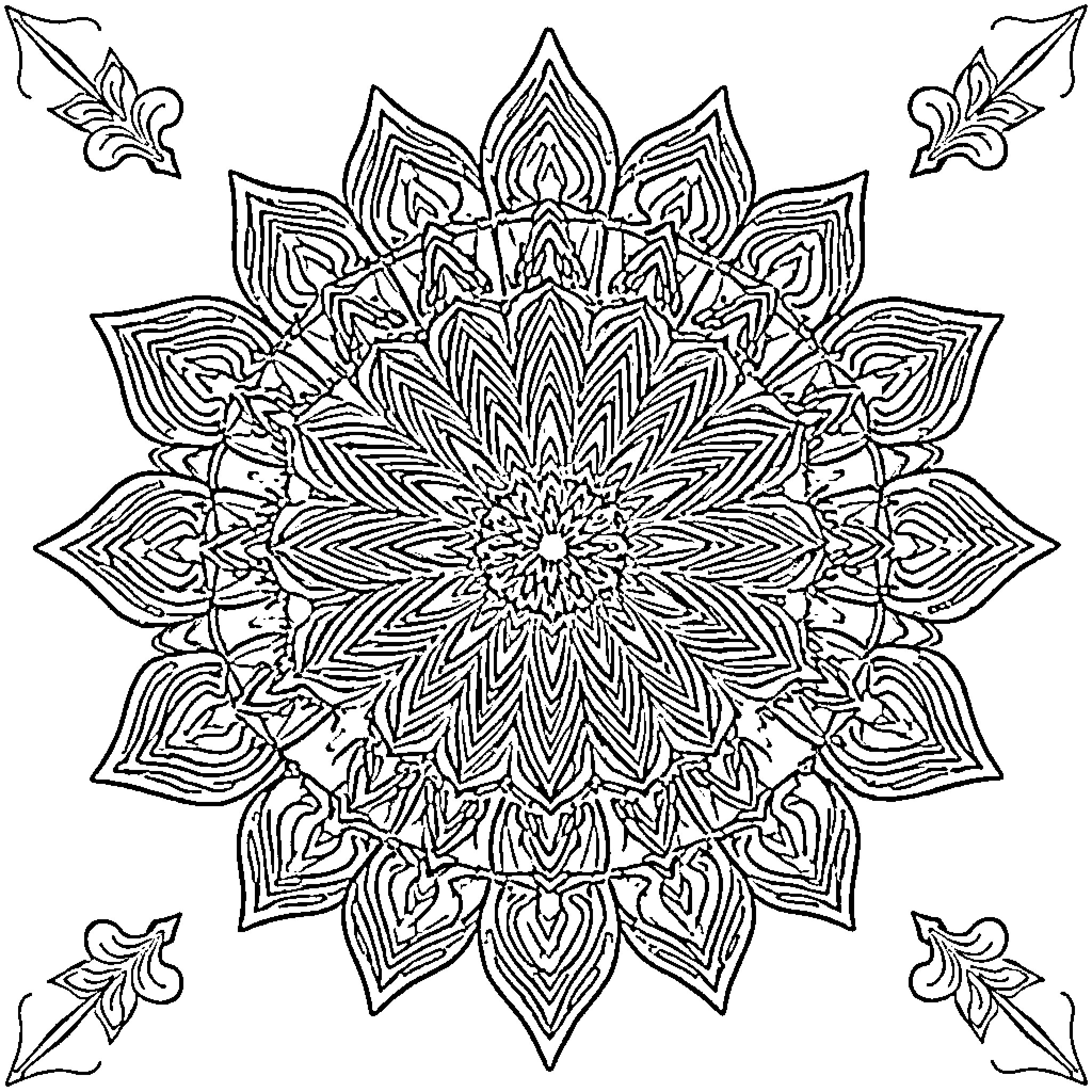 Mandala of intricate floral patterns Coloring Page (free black-and-white line drawing printable PDF for all, from beginners to advanced learners, including children, teens, adults, and seniors)