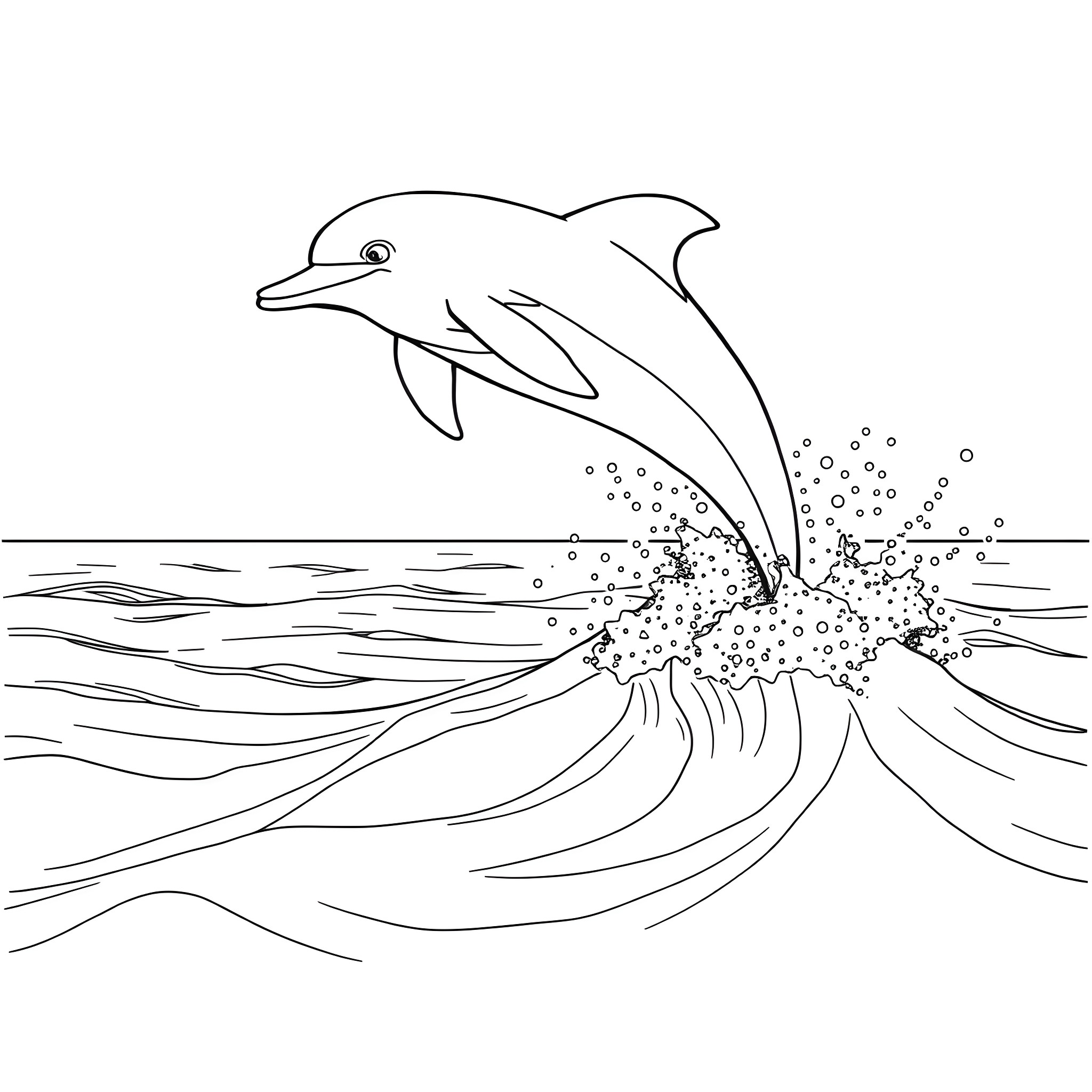 Dolphin Leaping Over Crashing Waves Coloring Page (free black-and-white line drawing printable PDF for all, from beginners to advanced learners, including children, teens, adults, and seniors)