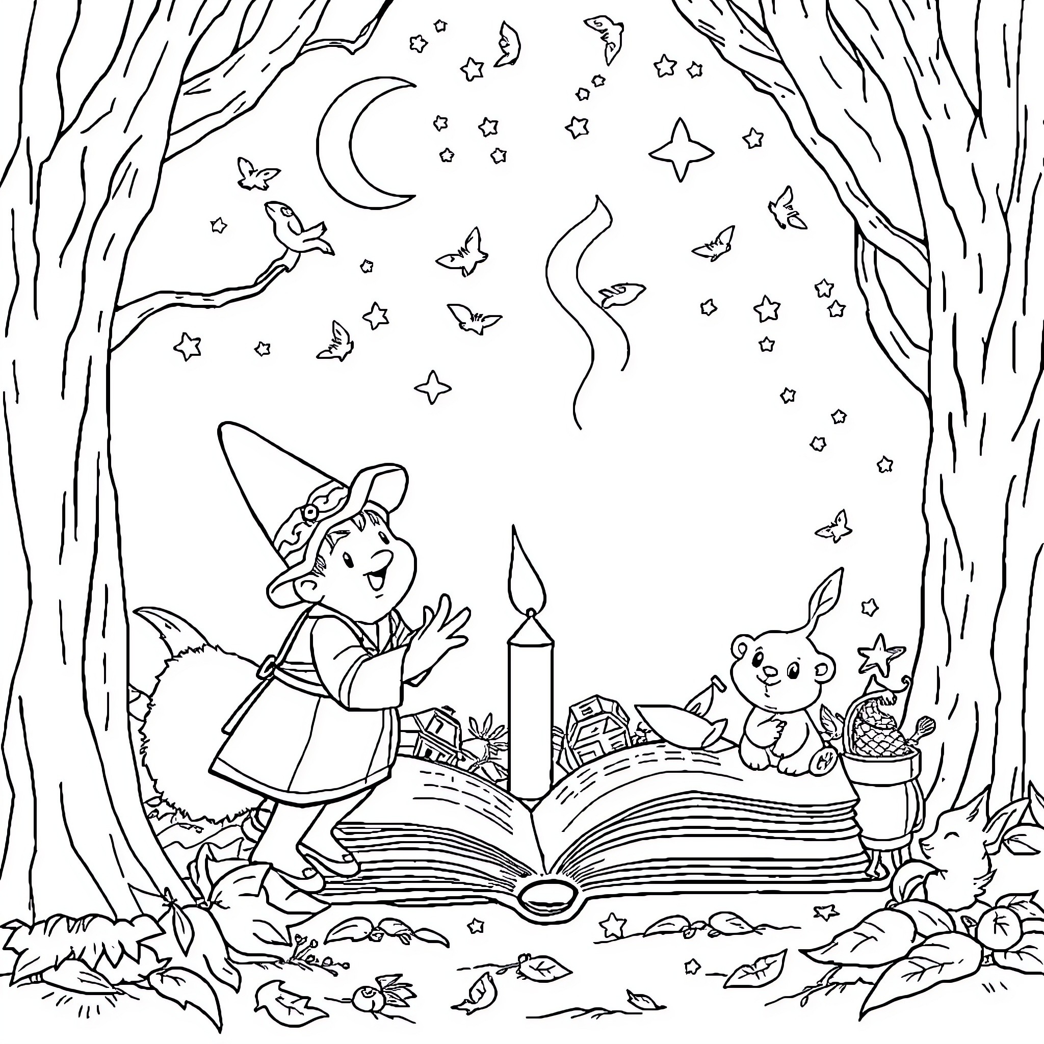 Tale of a Magical Night in the Forest Coloring Page (free black-and-white line drawing printable PDF for all, from beginners to advanced learners, including children, teens, adults, and seniors)