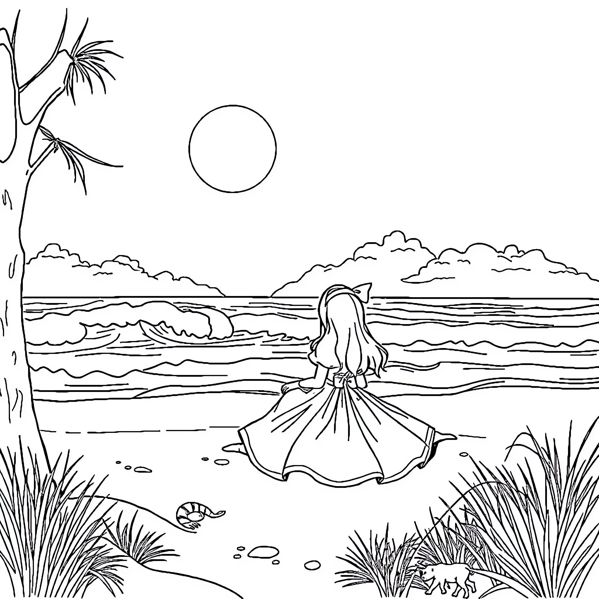 Alice gazes out at the serene ocean landscape Coloring Page (free black-and-white line drawing printable PDF for all, from beginners to advanced learners, including children, teens, adults, and seniors)