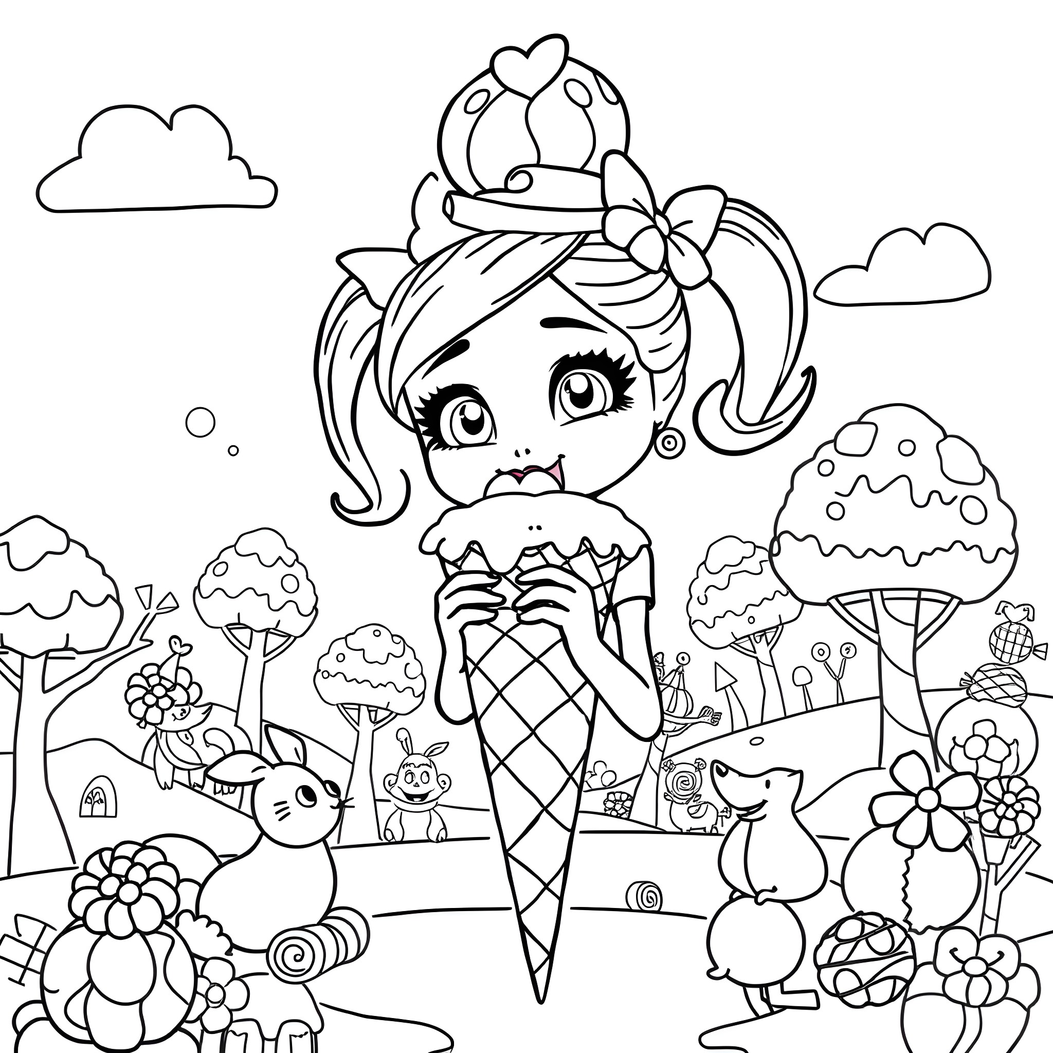 Princess enjoying ice cream in a whimsical garden Coloring Page (free black-and-white line drawing printable PDF for all, from beginners to advanced learners, including children, teens, adults, and seniors)