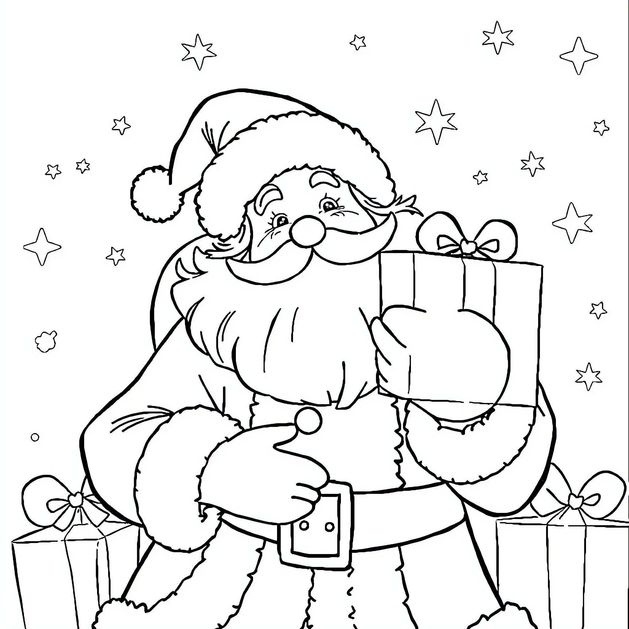 Santa Claus bringing gifts and surrounded by stars Coloring Page (free black-and-white line drawing printable PDF for all, from beginners to advanced learners, including children, teens, adults, and seniors)