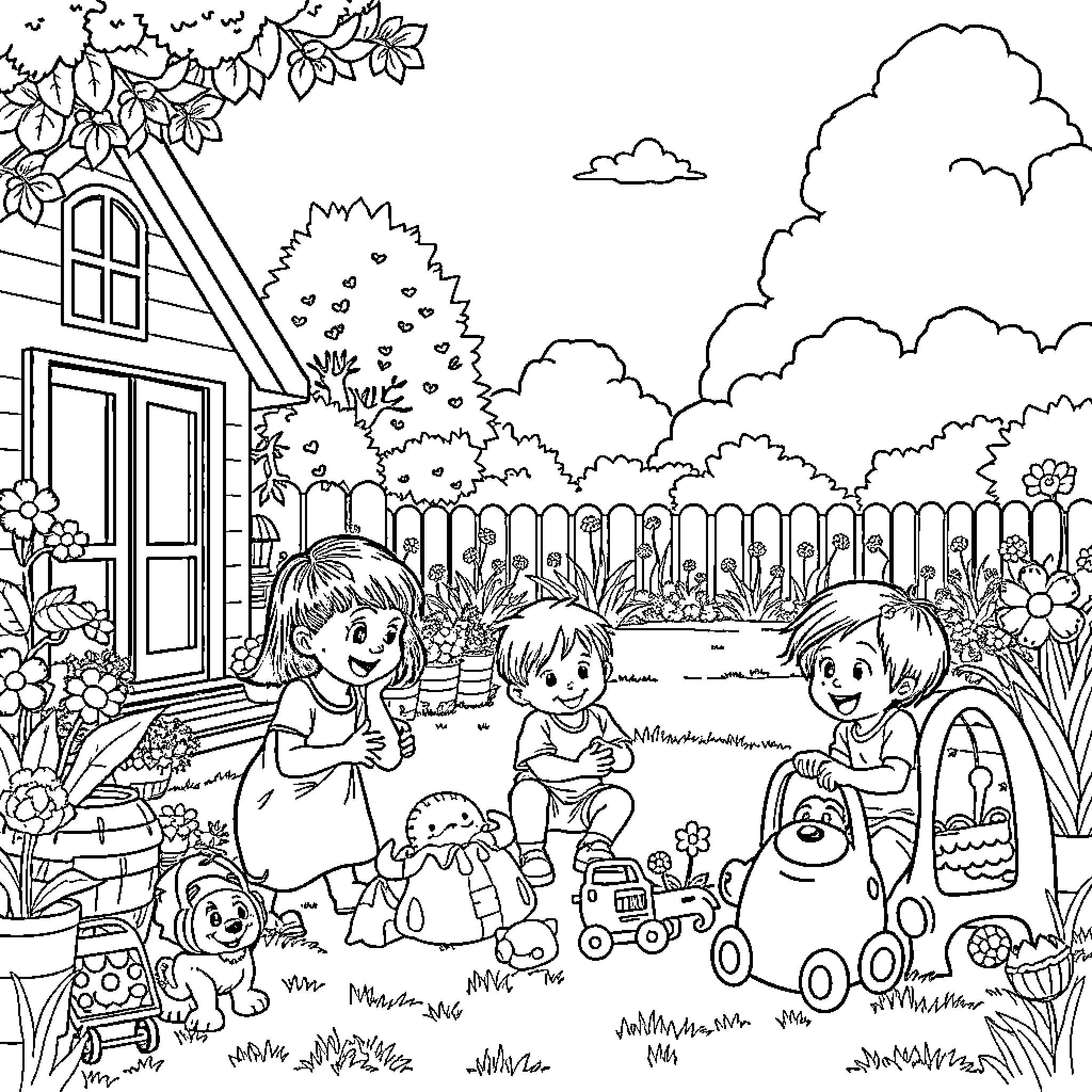 Kids playing together in a charming garden scene Coloring Page (free black-and-white line drawing printable PDF for all, from beginners to advanced learners, including children, teens, adults, and seniors)