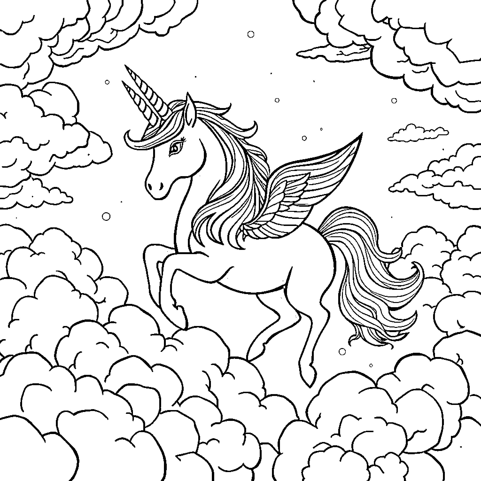 Unicorn soaring through magical clouds Coloring Page (free black-and-white line drawing printable PDF for all, from beginners to advanced learners, including children, teens, adults, and seniors)