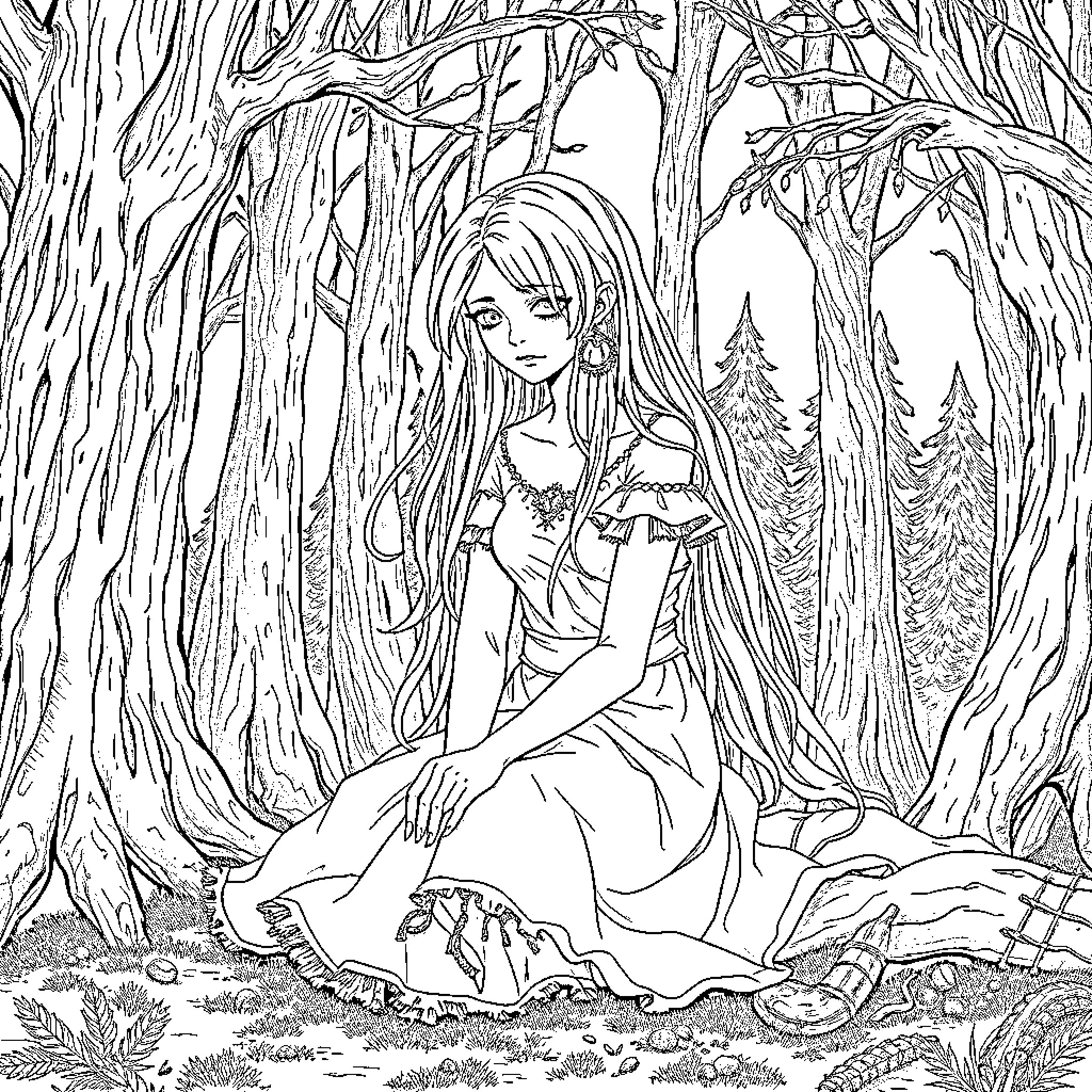 Girl lost in a magical forest Coloring Page (free black-and-white line drawing printable PDF for all, from beginners to advanced learners, including children, teens, adults, and seniors)