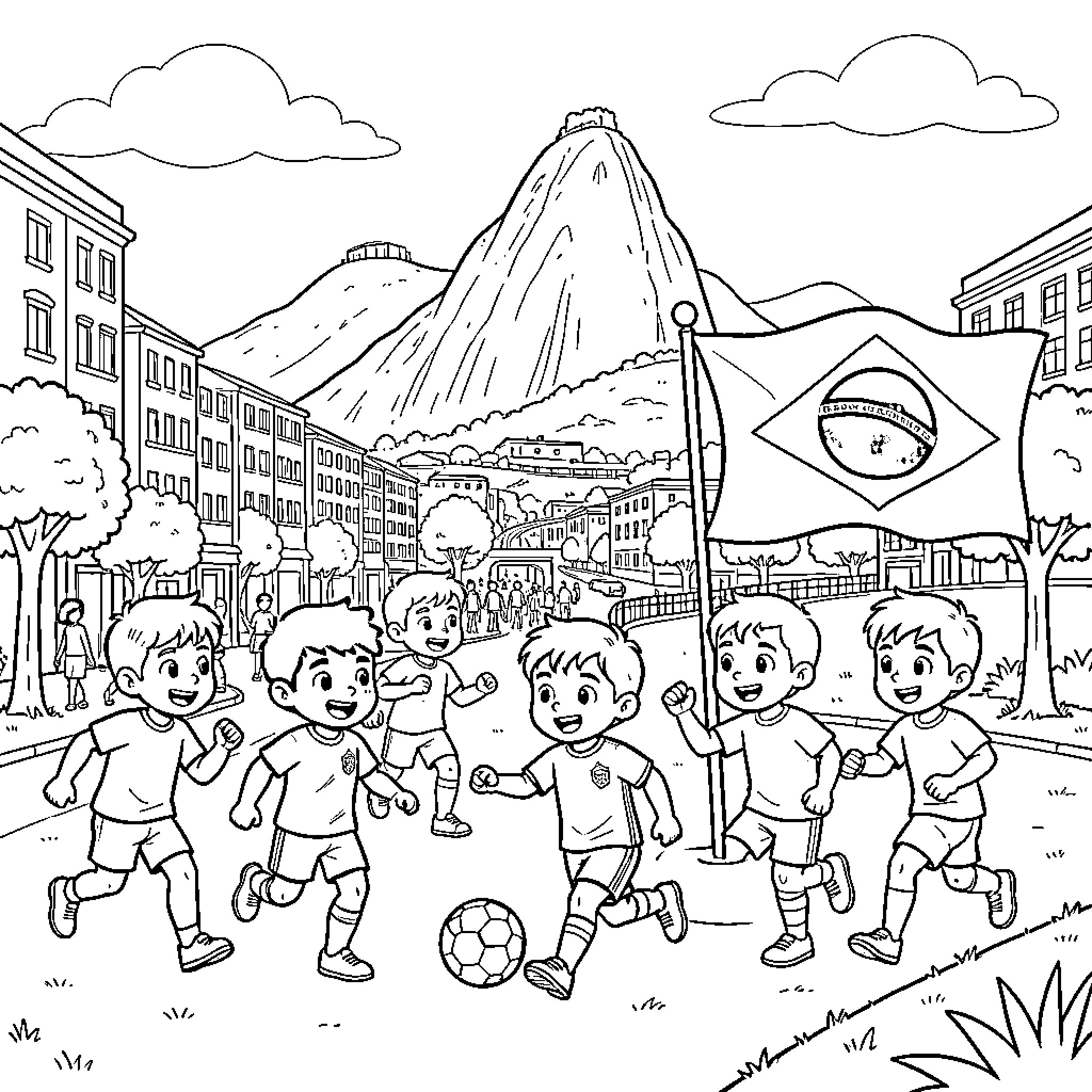 Kid playing soccer together in front of mountains Coloring Page (free black-and-white line drawing printable PDF for all, from beginners to advanced learners, including children, teens, adults, and seniors)