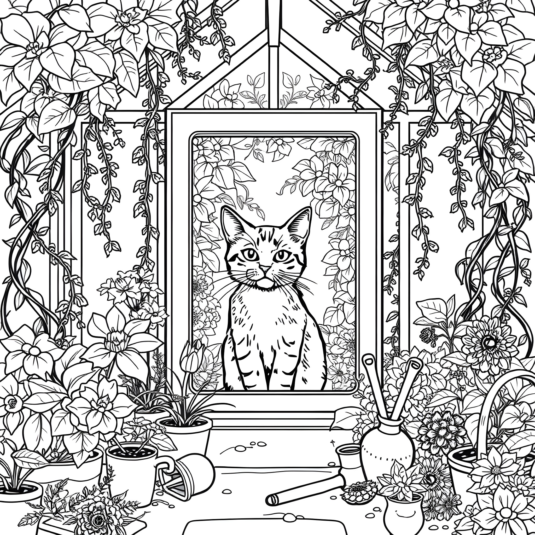 Cat peering through a lush floral greenhouse window Coloring Page (free black-and-white line drawing printable PDF for all, from beginners to advanced learners, including children, teens, adults, and seniors)