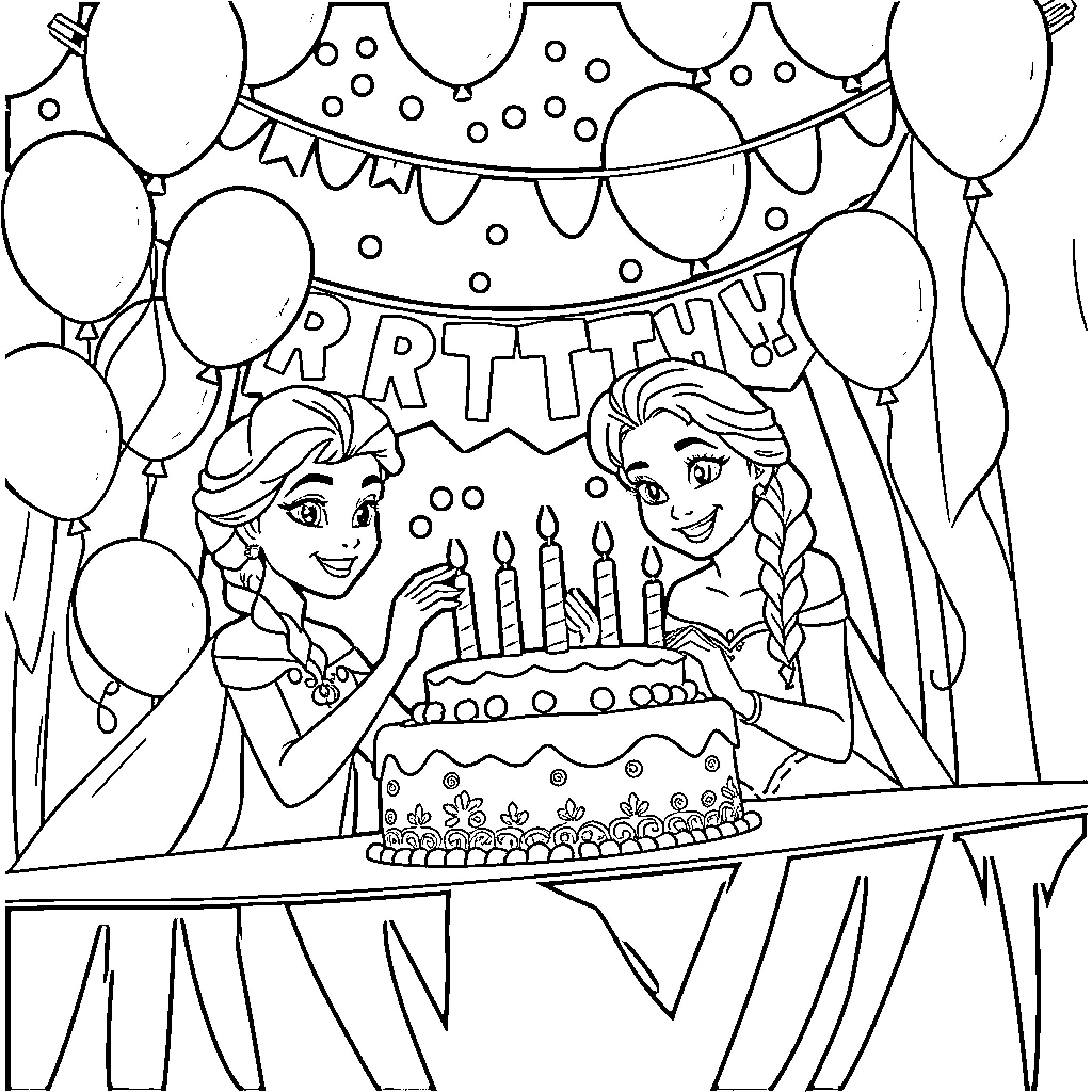 Elsa and Anna celebrating a birthday party Coloring Page (free black-and-white line drawing printable PDF for all, from beginners to advanced learners, including children, teens, adults, and seniors)