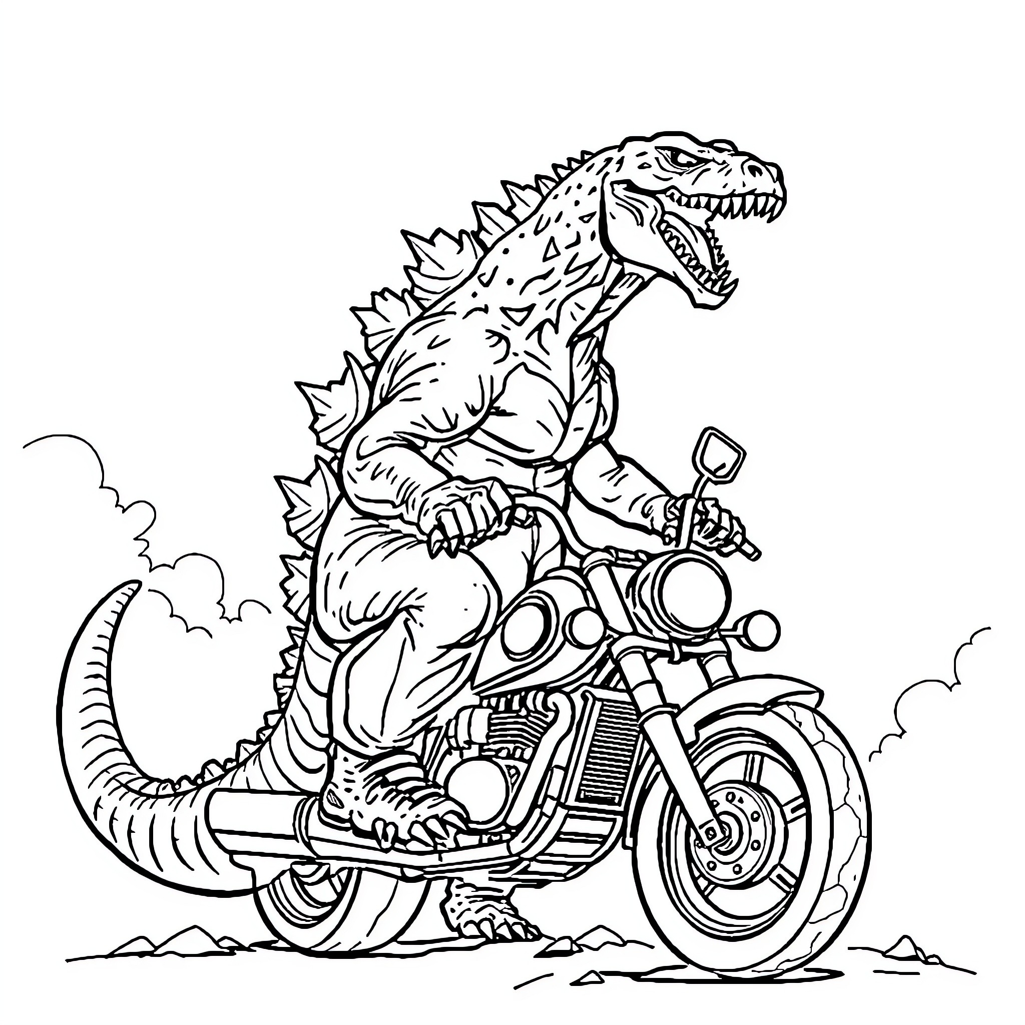 Godzilla riding a motorcycle with determination Coloring Page (free black-and-white line drawing printable PDF for all, from beginners to advanced learners, including children, teens, adults, and seniors)