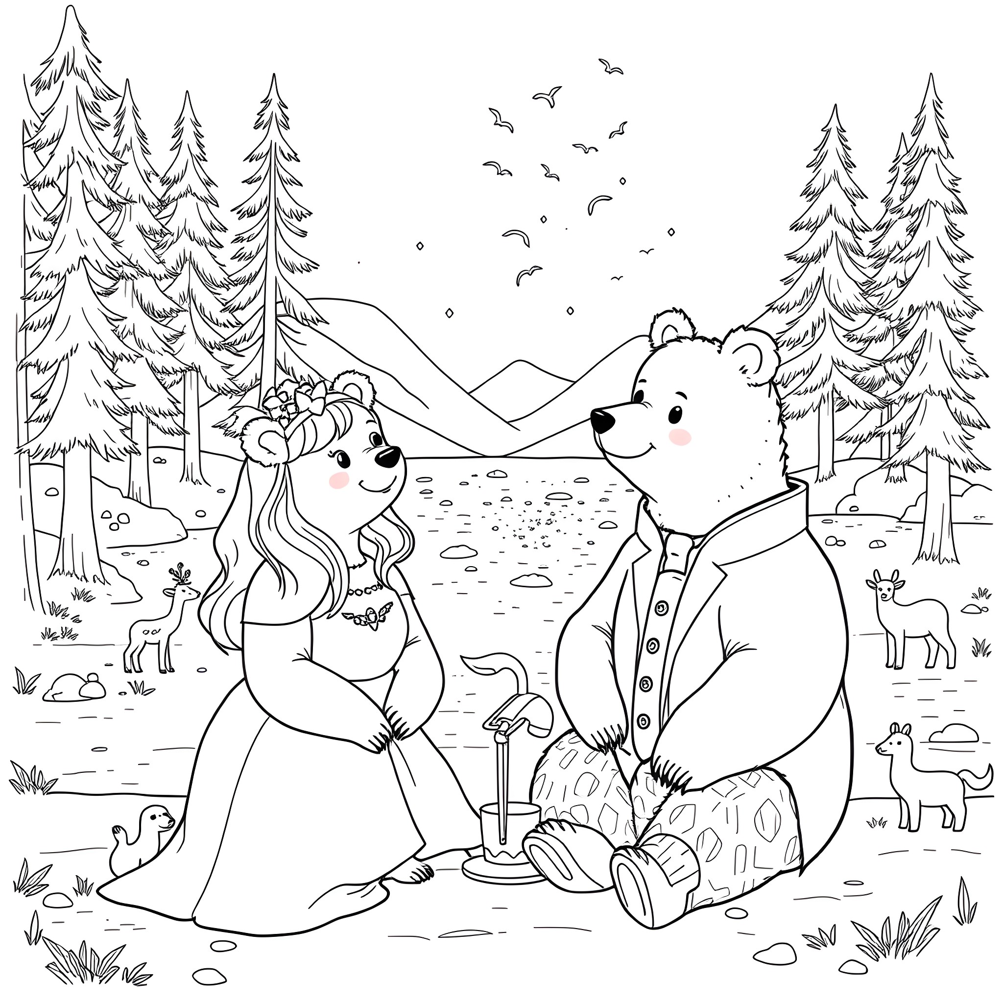 Bear couple enjoying nature in the forest Coloring Page (free black-and-white line drawing printable PDF for all, from beginners to advanced learners, including children, teens, adults, and seniors)
