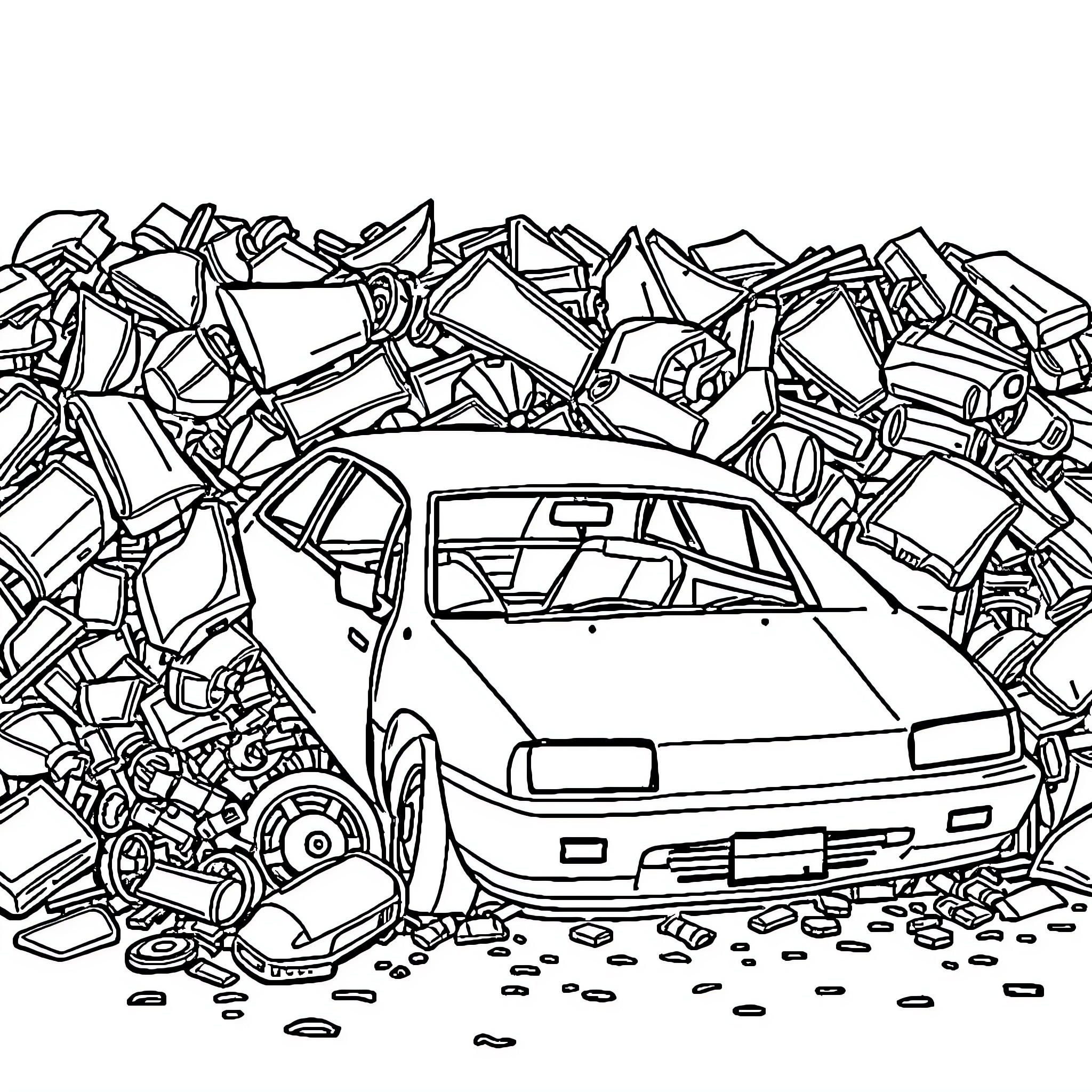 Car parts and scrap in disrepair Coloring Page (free black-and-white line drawing printable PDF for all, from beginners to advanced learners, including children, teens, adults, and seniors)