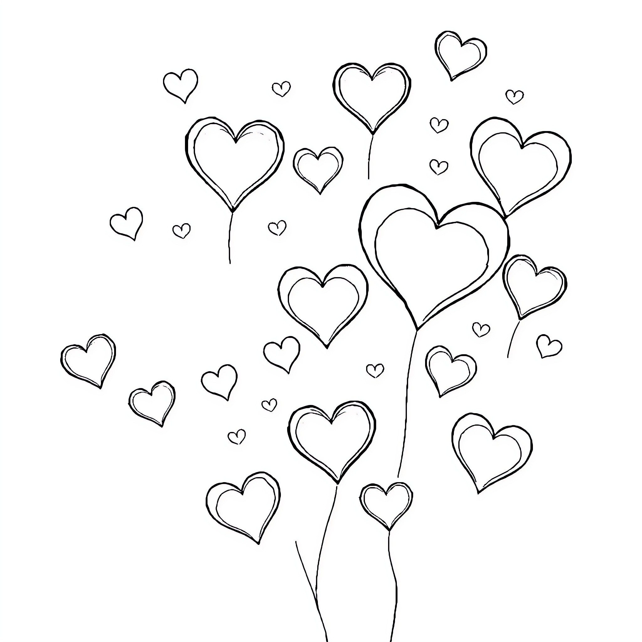 Heart-Shaped Doodles and Sketches Coloring Page (free black-and-white line drawing printable PDF for all, from beginners to advanced learners, including children, teens, adults, and seniors)